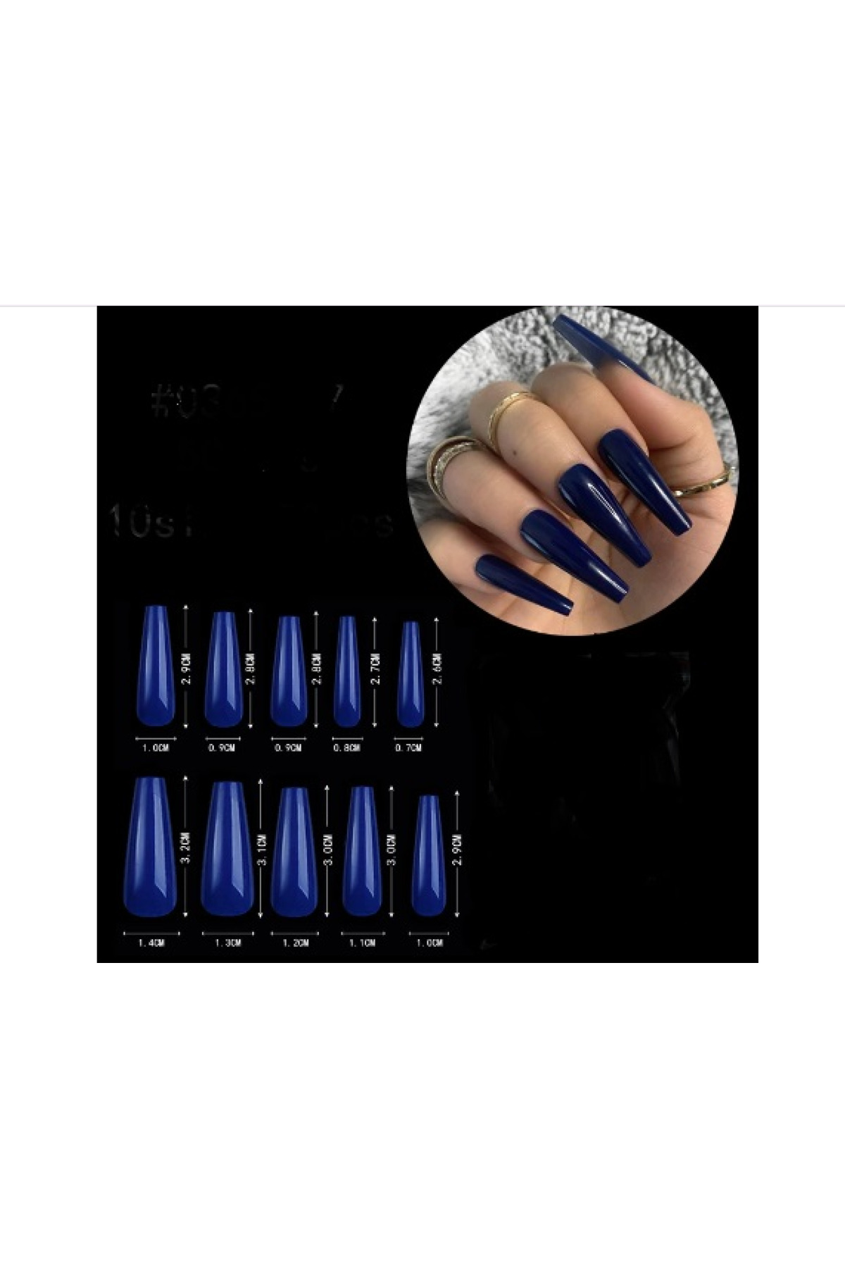 HelloBeautiful Balerin Uzun Kesim 20 Adet Takma Tırnak Lacivert Rengi + Yapıştırıcı + Tırnak Cilası Hediyedir