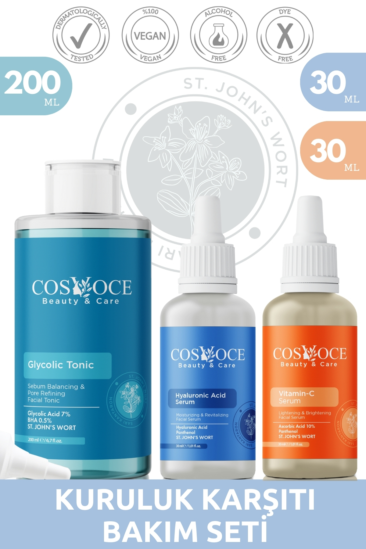 COSVOCE Kuruluk Karşıtı Bakım Seti Gylcolic Acid, Bha, Hyaluronic Acid, Vitamin C 200 ml 30 ml 30 ml