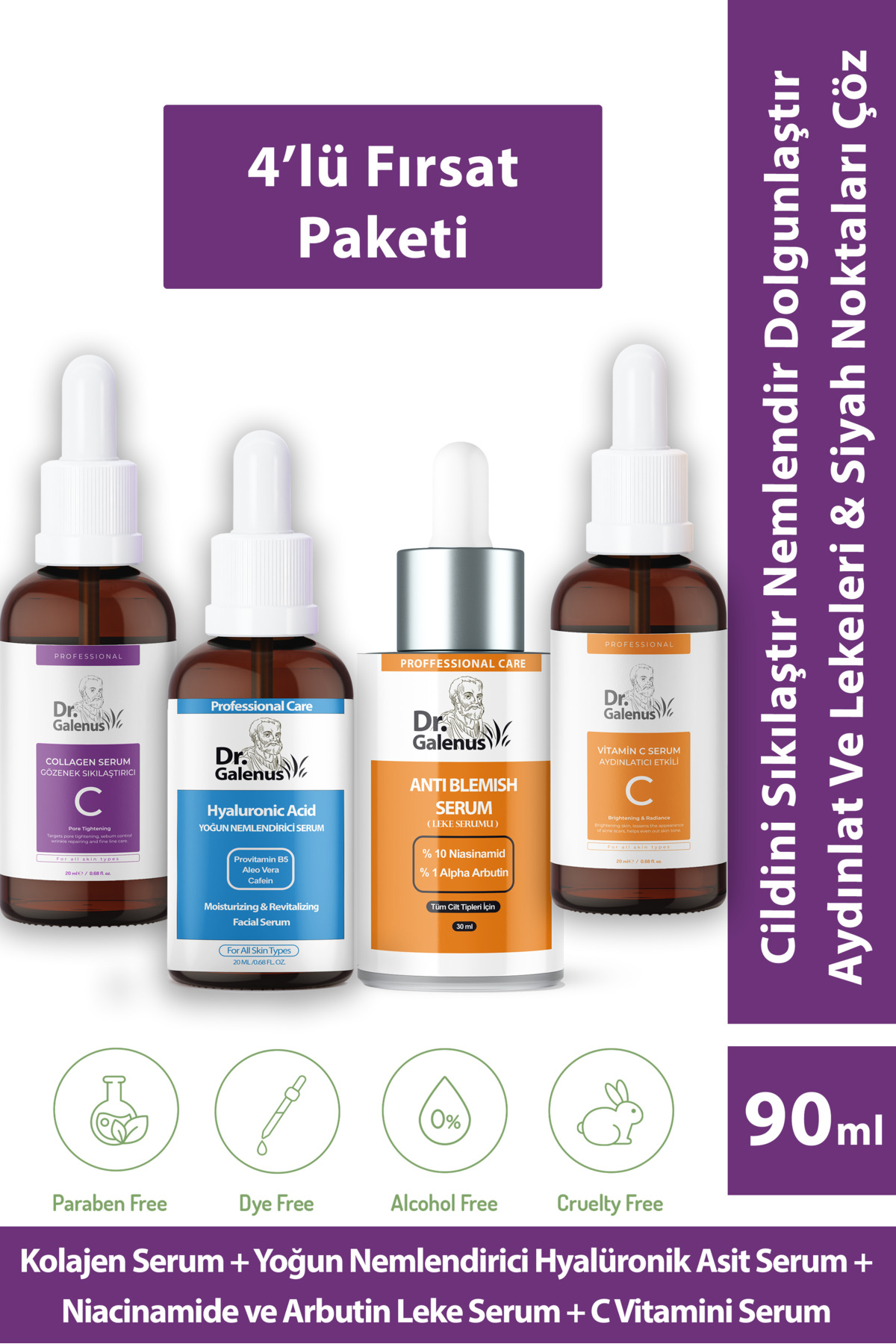 Dr. Galenus Kolajen, C Vitamini, Hyalüronik Asit Ve Koyu Leke Karşıtı Dörtlü Bakım Serum Seti (90 ML)
