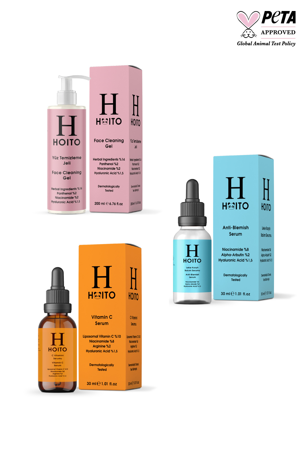 Hoito Yüz Temizleme Jeli 200ml & Leke Karşıtı Bakım Serumu 30ml & C Vitamini Serumu 30ml 3'lü Set