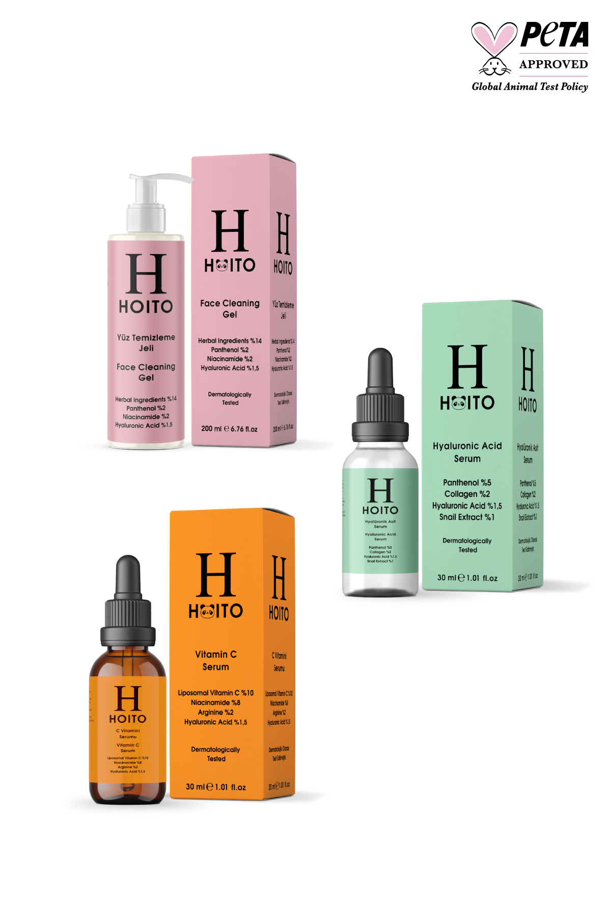 Hoito Arındırıcı & Aydınlatıcı Yoğun Nemlendirici Cilt Bakım Rutini: Yüz Temizleme Jeli (200 ml) + Hyalüronik Asit Serum (30 ml) + C Vitamini Serumu (30 ml)