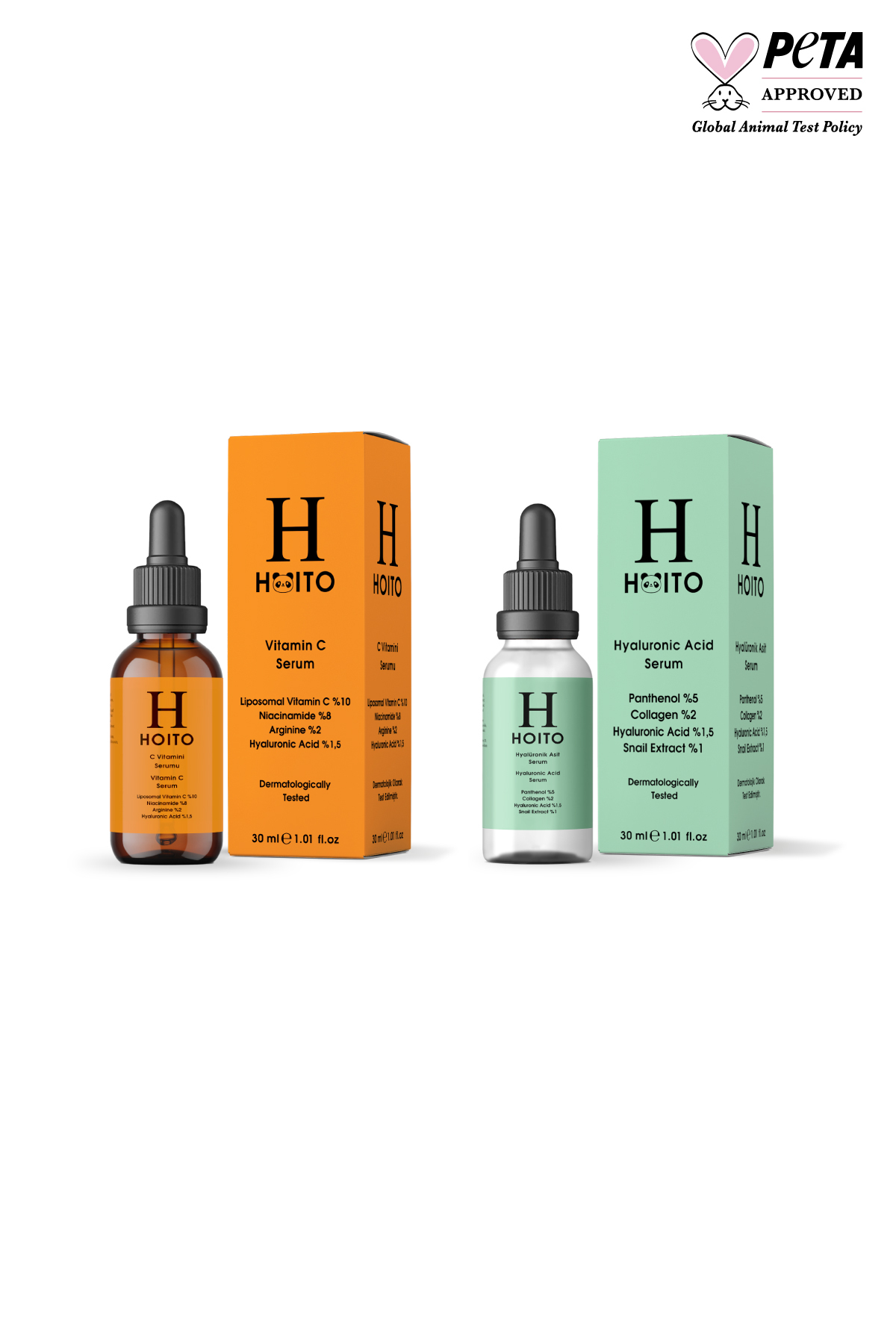 Hoito Aydınlatıcı & Yoğun Nemlendirici Cilt Bakım Rutini: C Vitamini Serumu (30 ml) + Hyalüronik Asit Serum (30 ml)