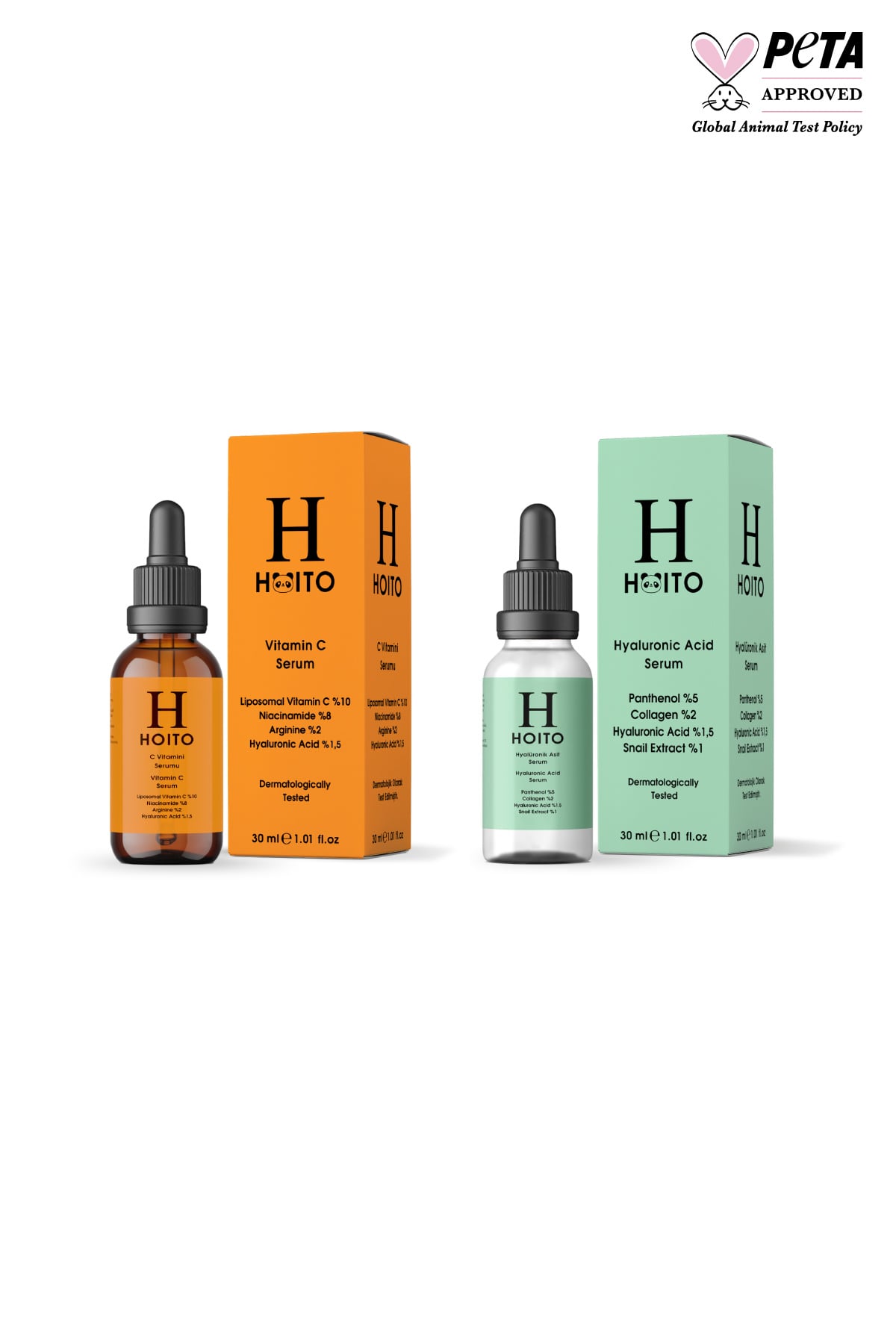 Hoito Aydınlatıcı & Yoğun Nemlendirici Cilt Bakım Rutini: C Vitamini Serumu (30 ml) + Hyalüronik Asit Serum (30 ml)