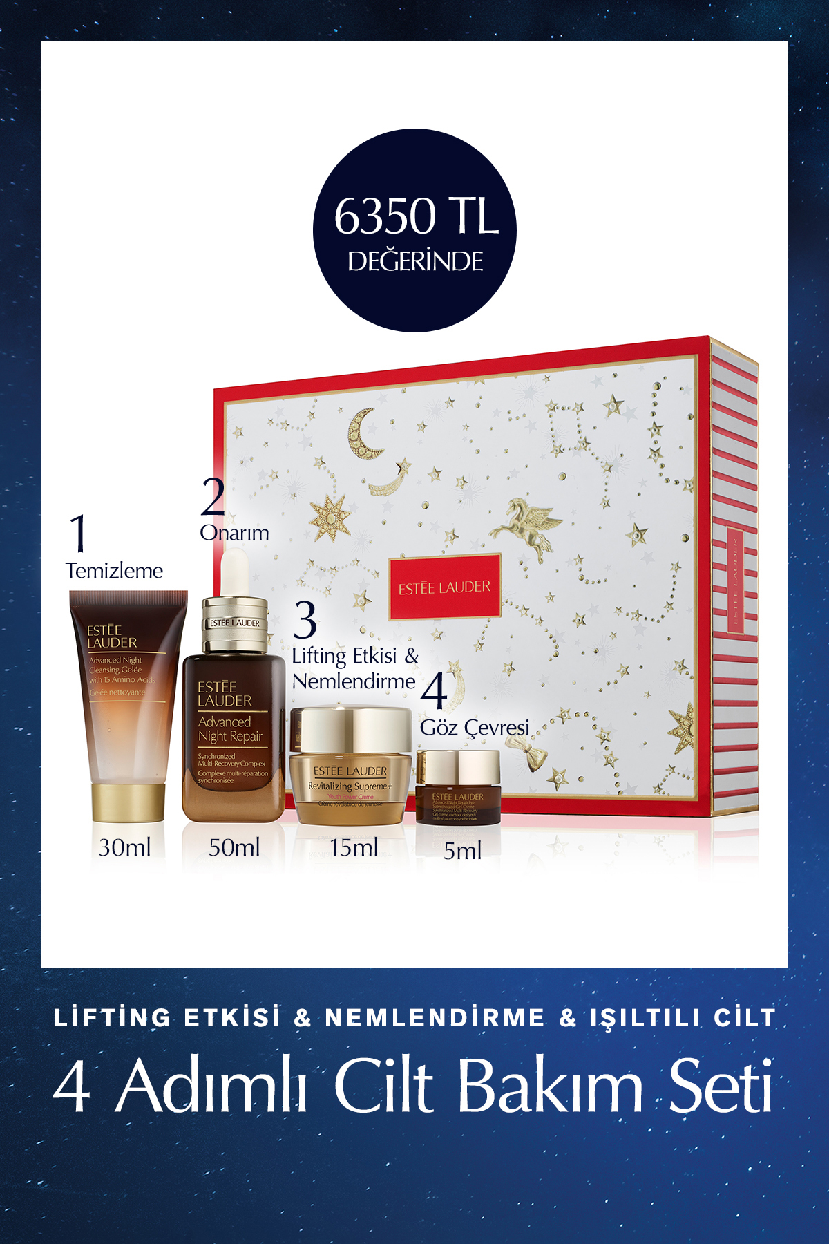 Estee Lauder Advanced Night Repair Cilt Bakım Seti Temizleyici 30ml, Serum 50ml, Nemlendirici 15ml, Göz kremi 5ml