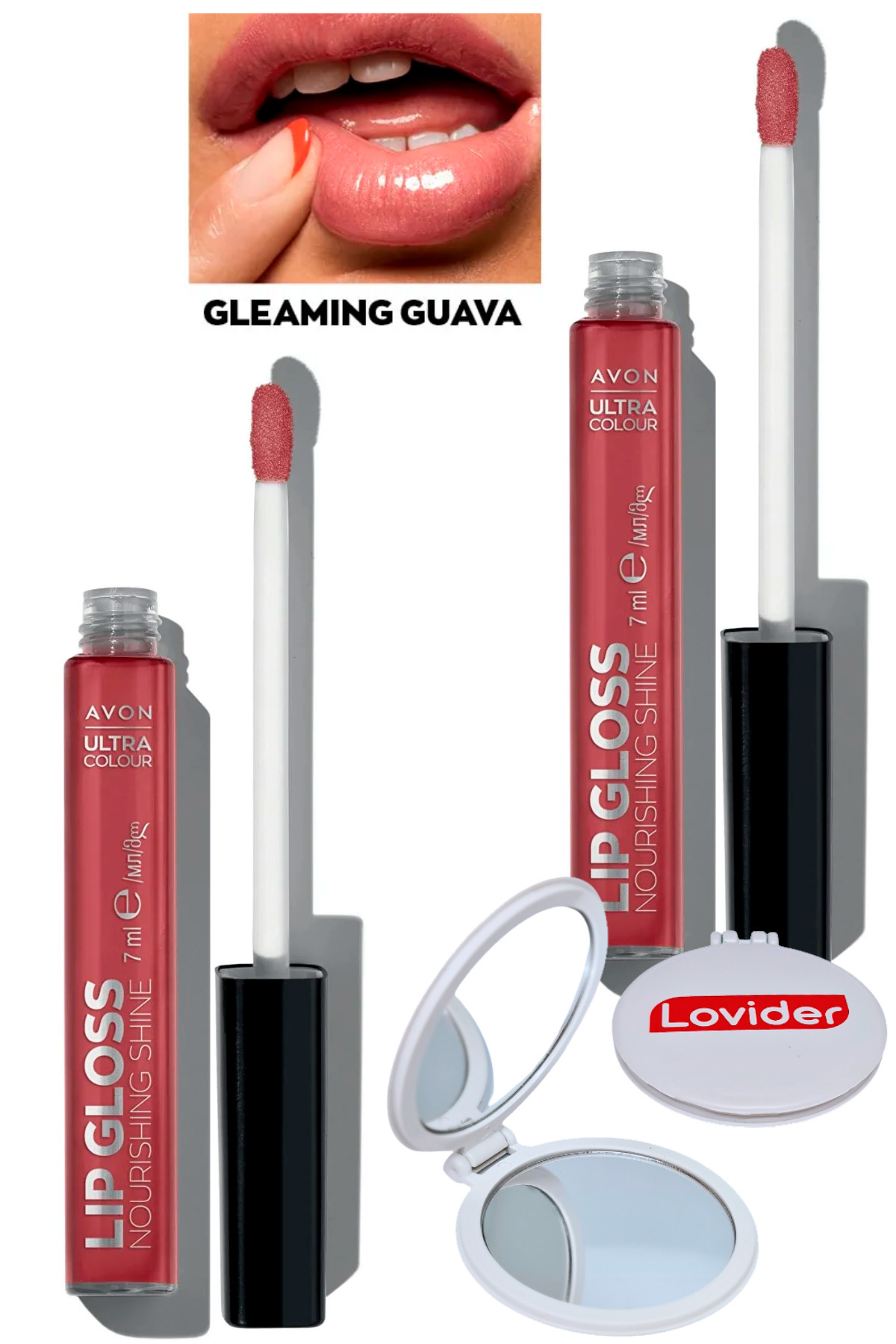 AVON Ultra Color Lip Gloss Besleyici Dudak Parlatıcısı - Gleaming Guava 2'li + Lovider Cep Aynası Hediye