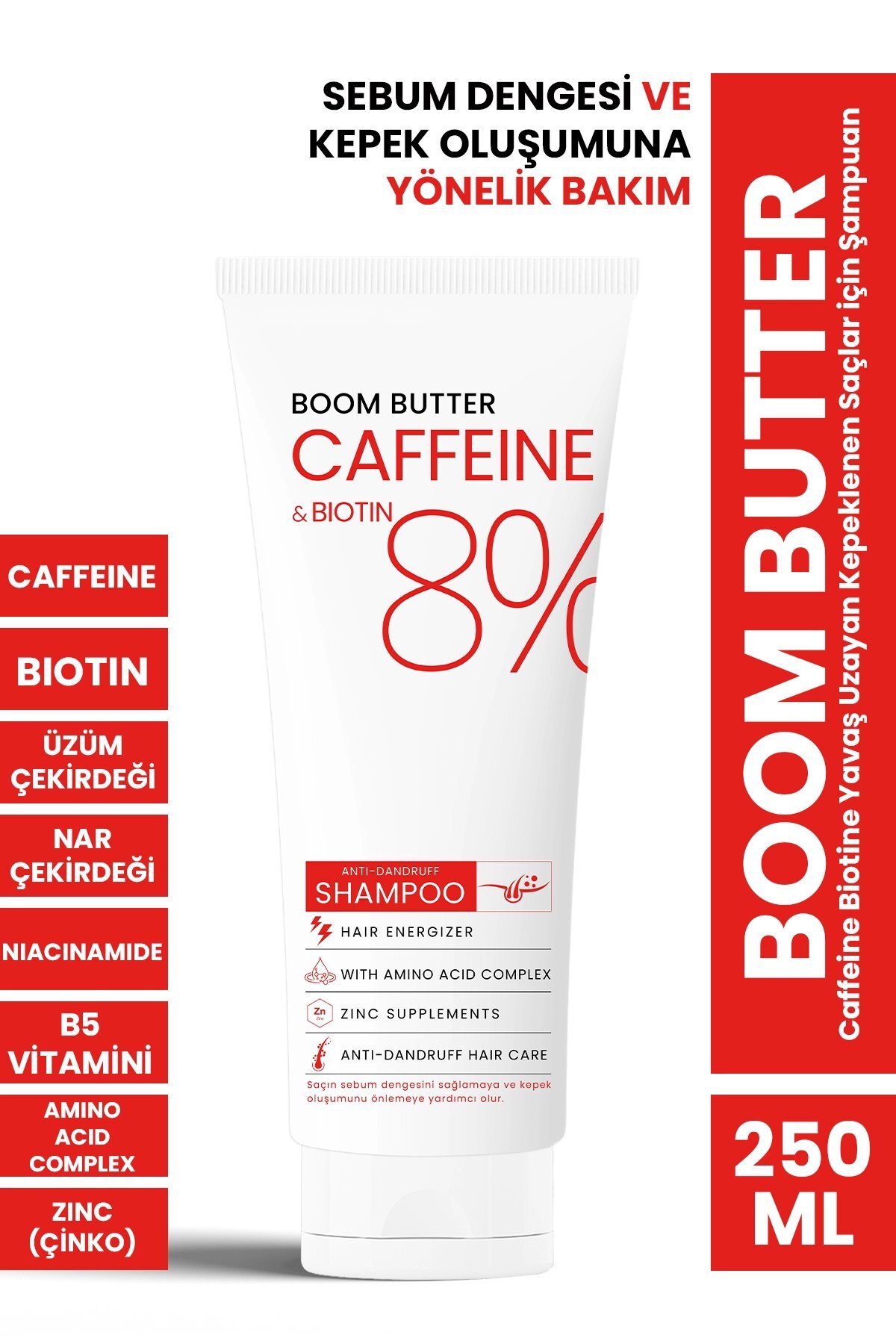 BOOM BUTTER Caffeine Biotine Yavaş Uzayan Kepeklenen Saçlar için Şampuan 250 ML
