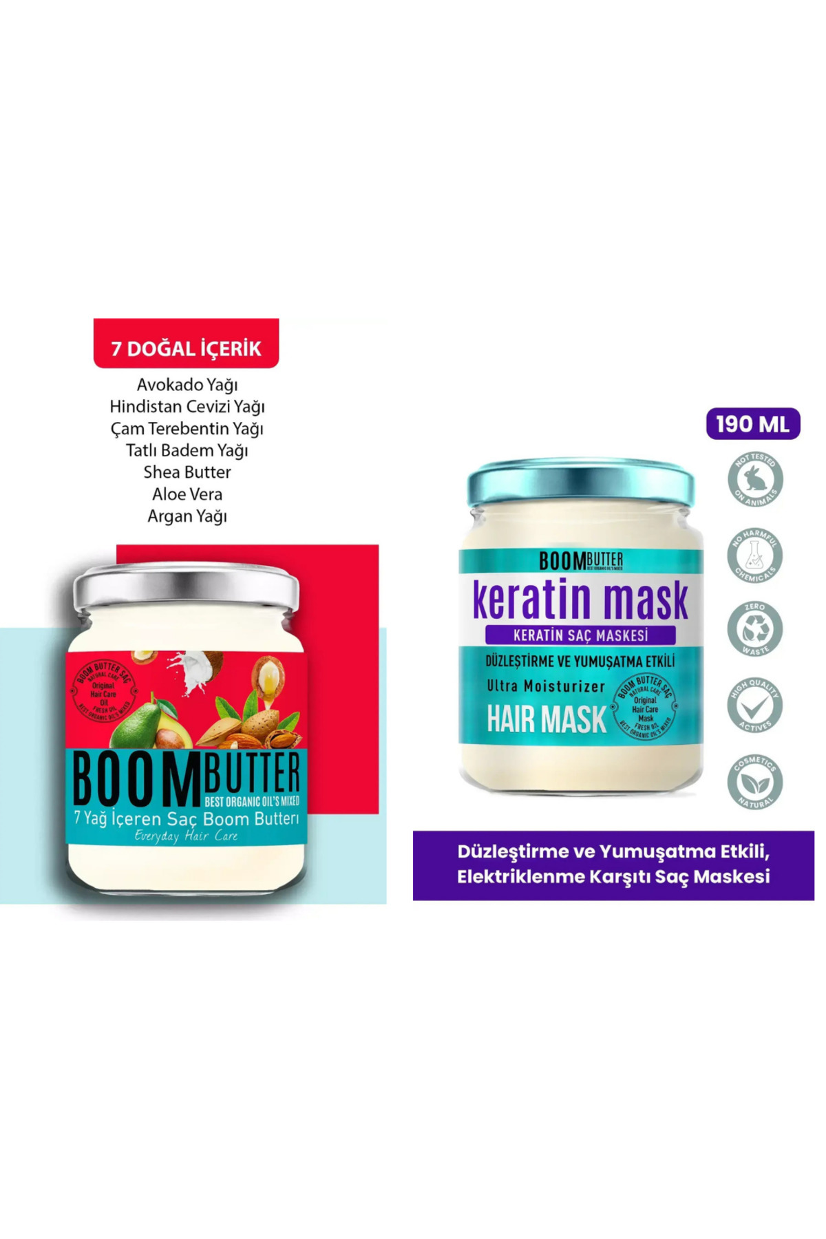 BOOM BUTTER Saç Bakım Seti (Saç Bakım Yağı 190ml- Keratin Saç Bakım Maskesi 190ml)