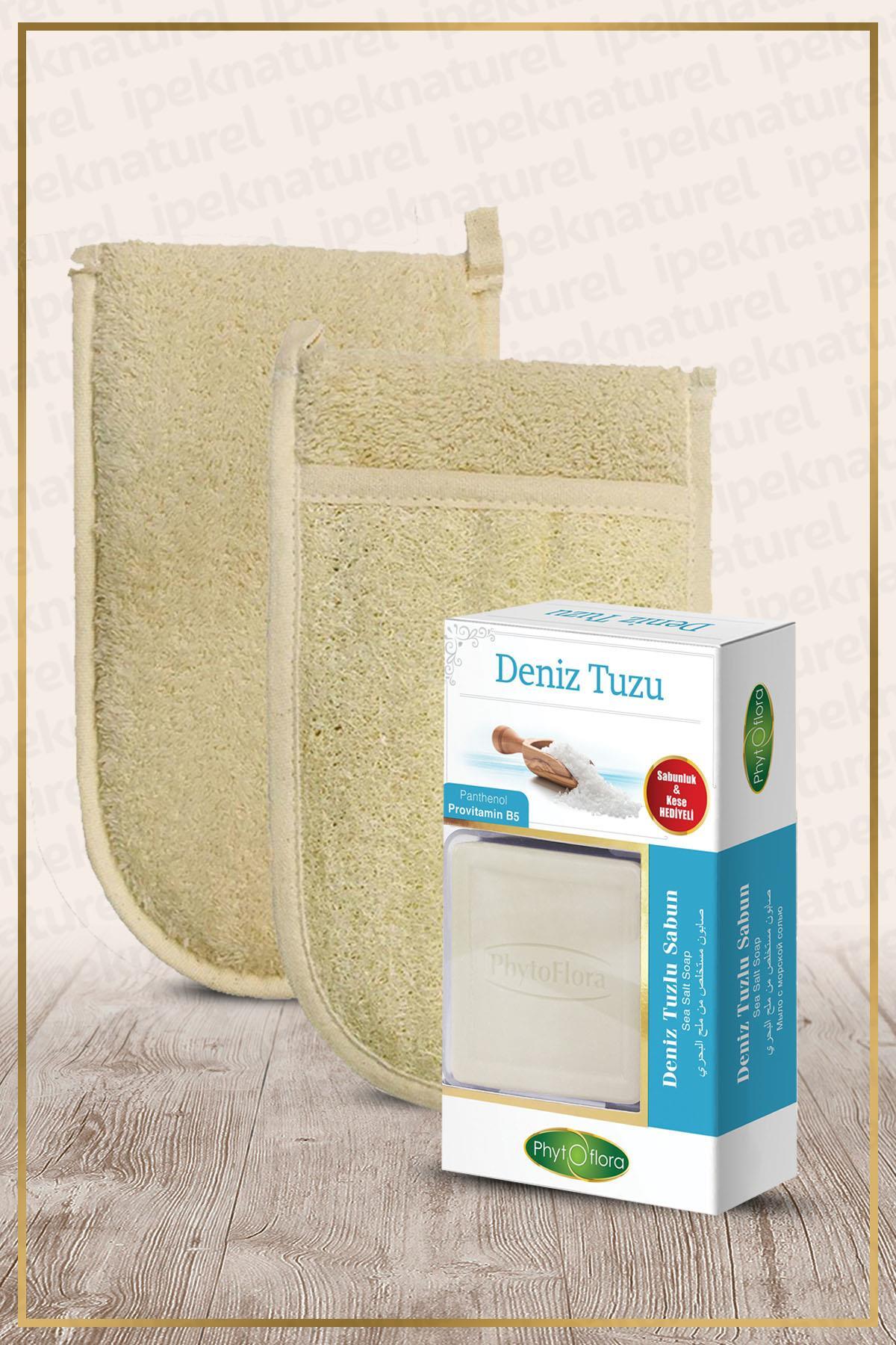 İpek Naturel Kabak Lifi Kese Çift Taraflı El Geçmeli + Deniz Tuzu Sabunu Banyo Hamam Kesesi Spa Seti