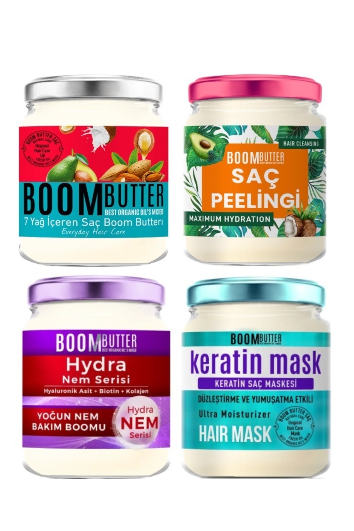 BOOM BUTTER Saç Bakım Seti ( 7 Yağlı Bakım Kremi+Keratin Maskesi+Hydra Yoğun Nem Kremi+Saç Peeling)