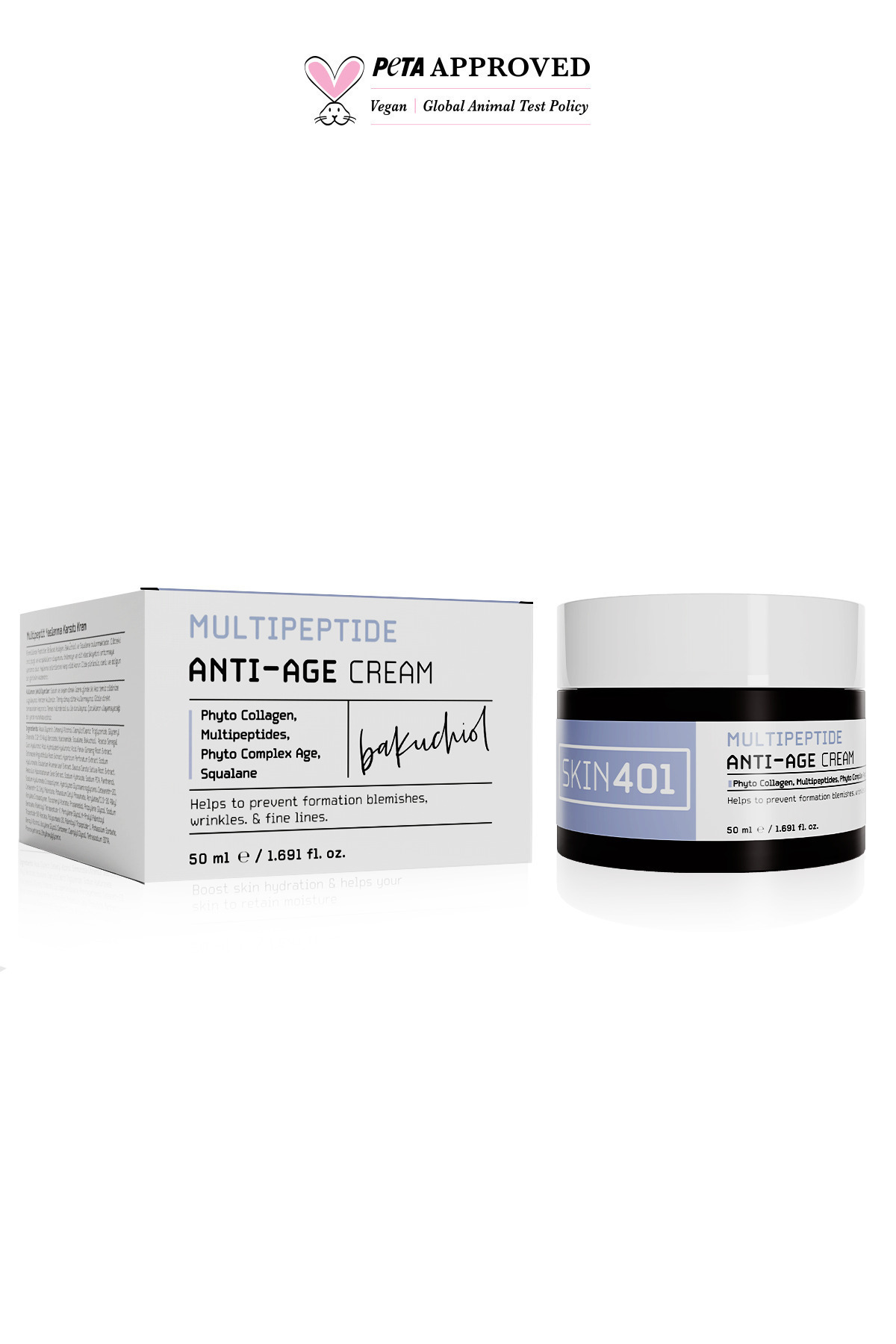 Skin401 Multipeptitler, Kolajen Ve Bakuchiol Ile Yaşlanma Ve Kırışıklık Karşıtı Bakım Kremi 50ml (SU BAZLI)