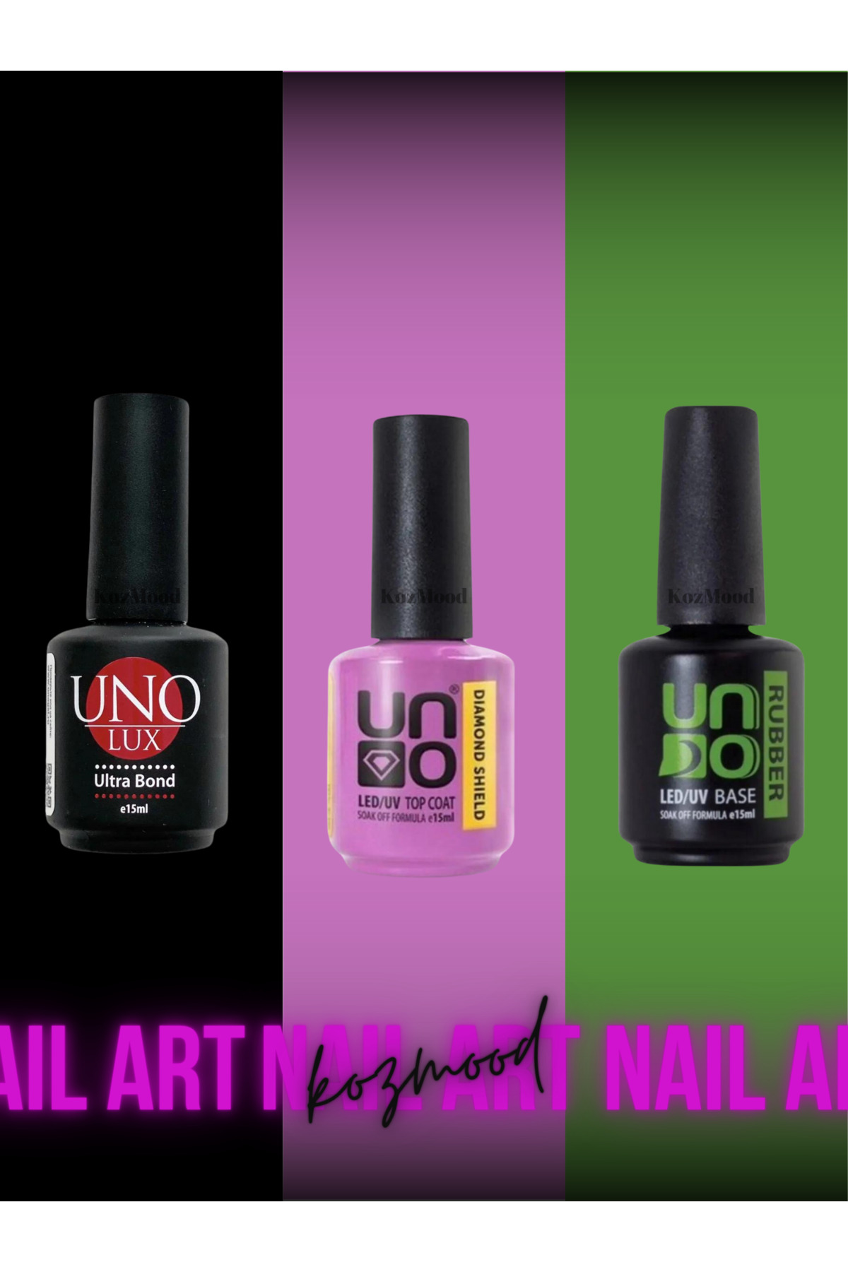 KozMood Uno Kalıcı Oje Seti Primer - Rubber Base Coat - Diamond Top Coat 3lü Set