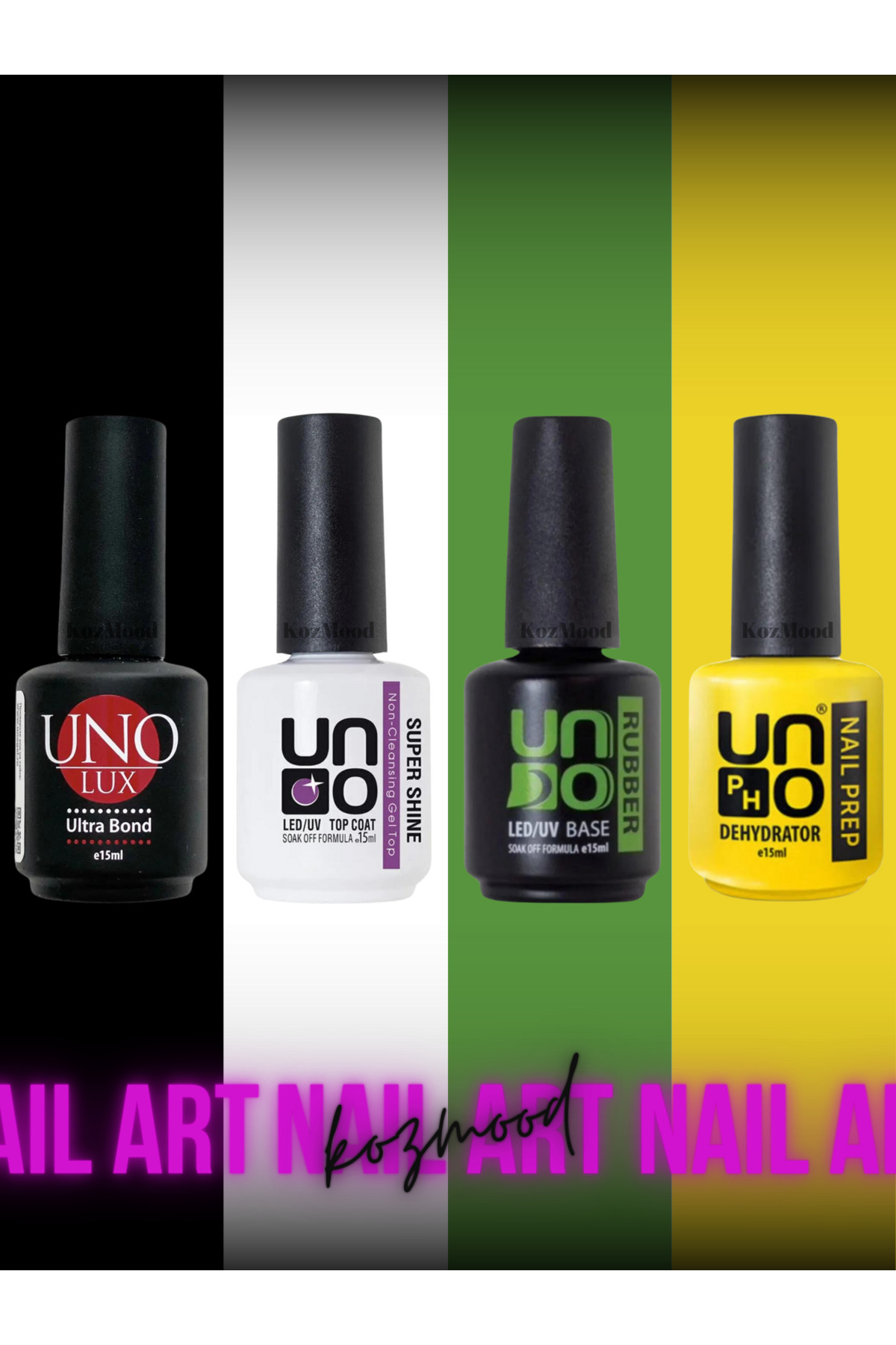 KozMood Uno Kalıcı Oje Seti Primer - Ultrabond - Rubber Base - Super Shine Top Coat 4lü Set