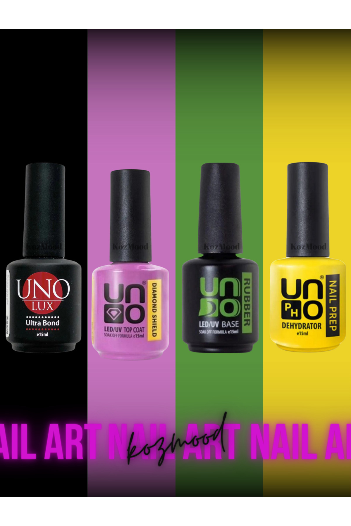 KozMood Uno Kalıcı Oje Seti Primer - Ultrabond - Rubber Base - Diamond Top Coat 4lü Set