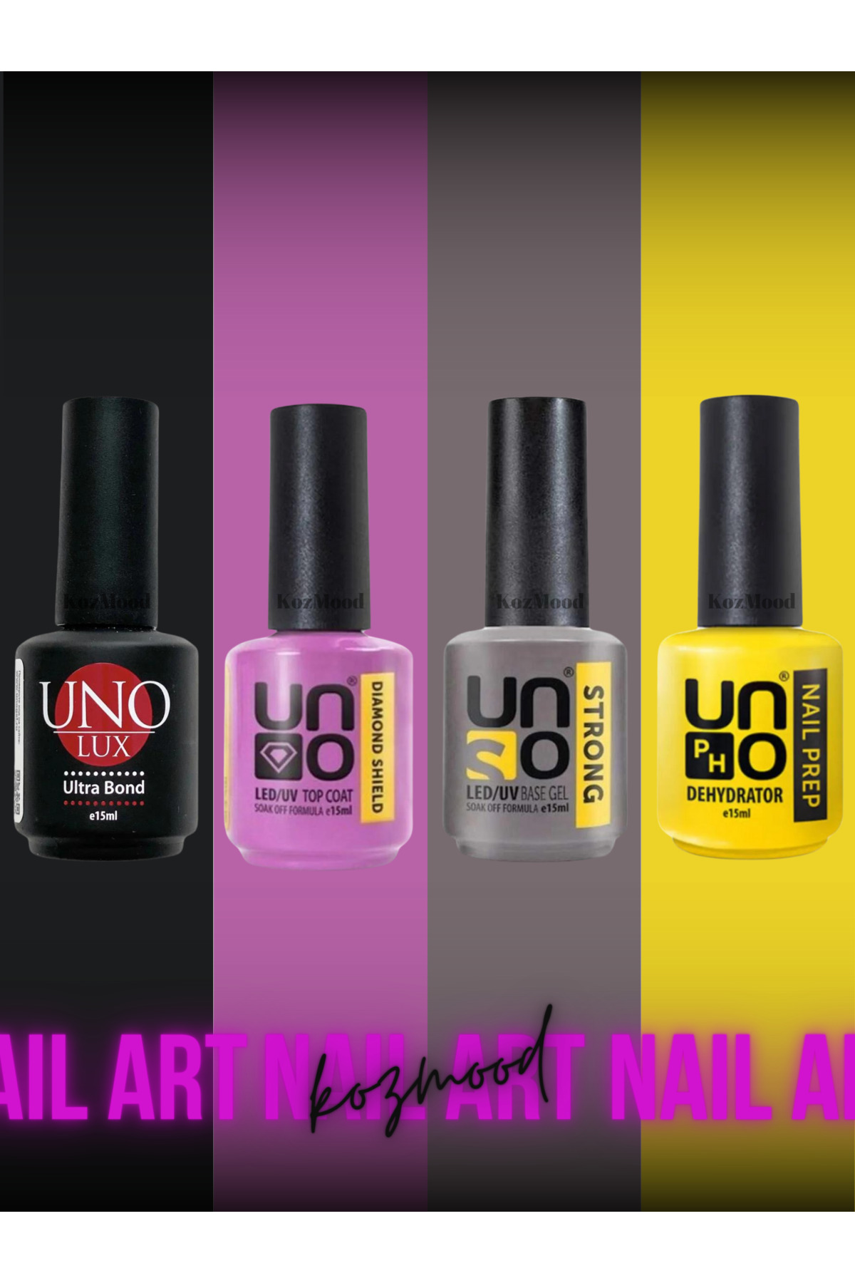 KozMood Uno Kalıcı Oje Seti Primer - Ultrabond - Strong Base - Diamond Top Coat 4lü Set