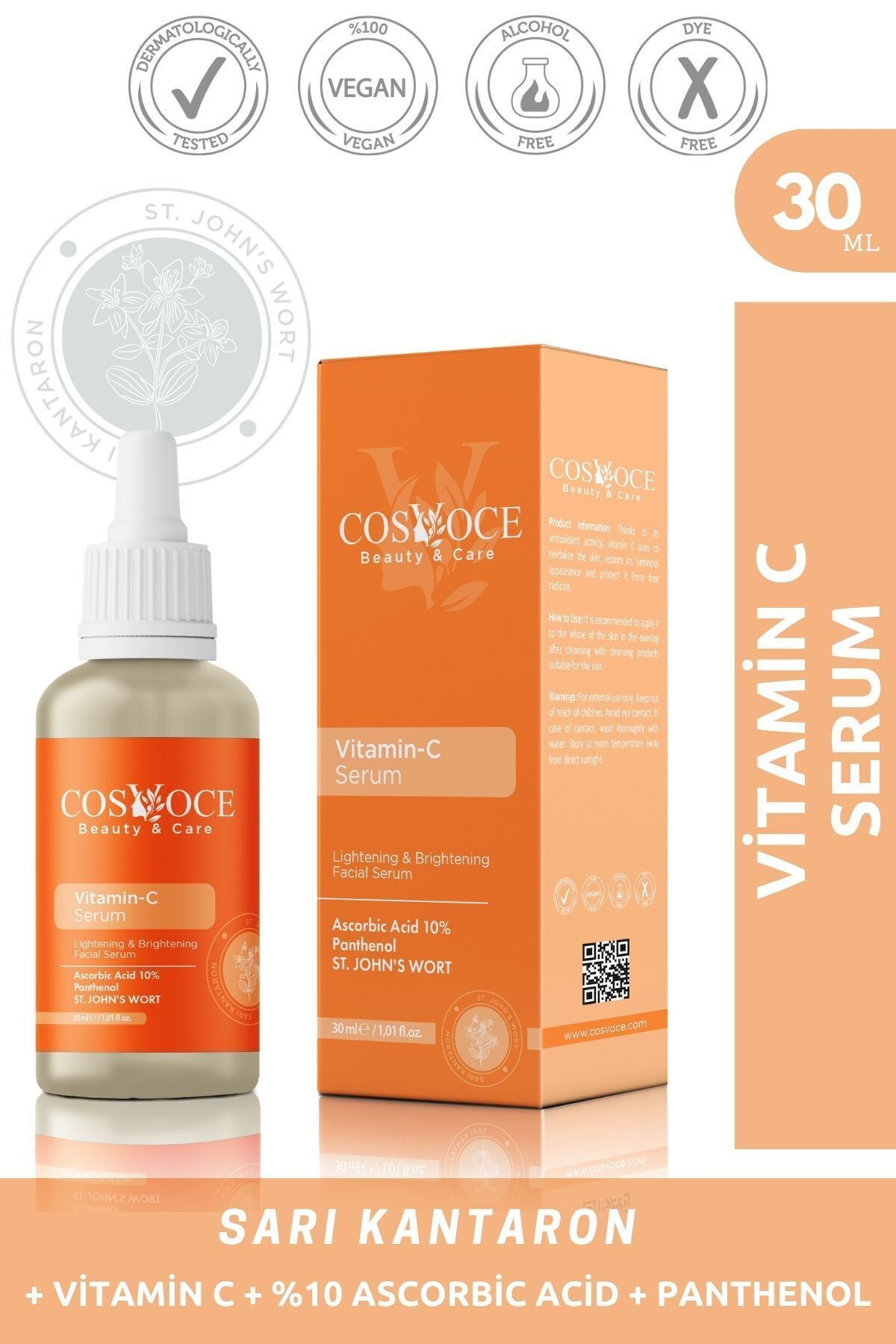 COSVOCE Vitamin C Aydınlatıcı Cilt Bakım Serumu 30 Ml ( Ascorbic Asid %10 + Panthenol )
