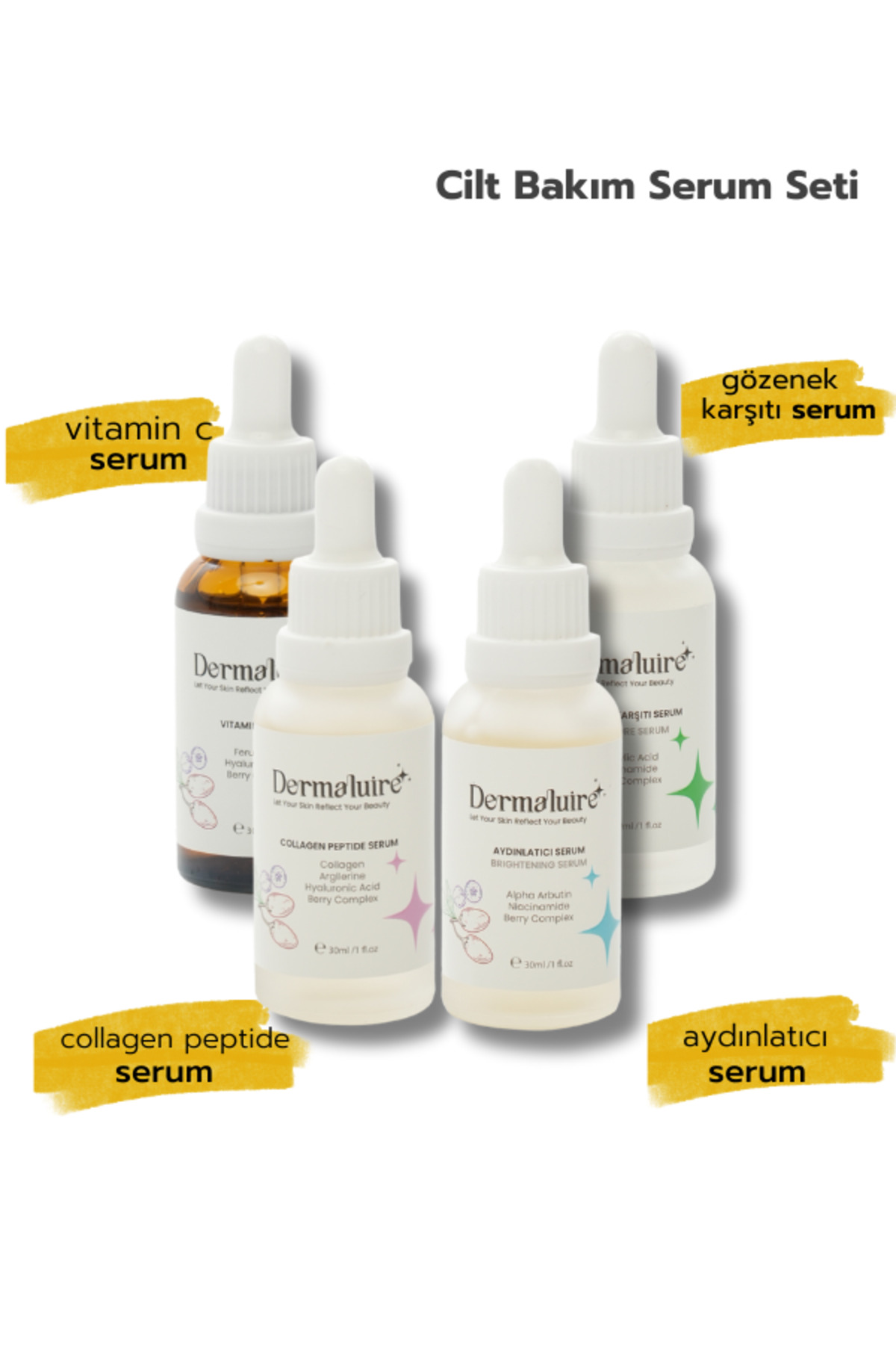 Dermaluire Cilt Bakım Serum Seti (vitamin C Serum, Aydınlatıcı Serum, Gözenek Karşıtı Serum, Collagen Pepdite )