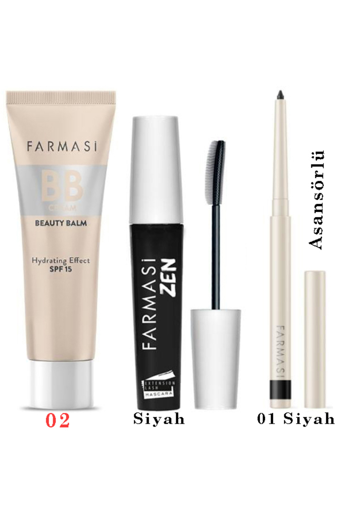 Farmasi BB Krem 02 30 ml Zen Maskara 8 ml Asansörlü Göz Kalemi 01 Siyah Avantajlı Trend Paket