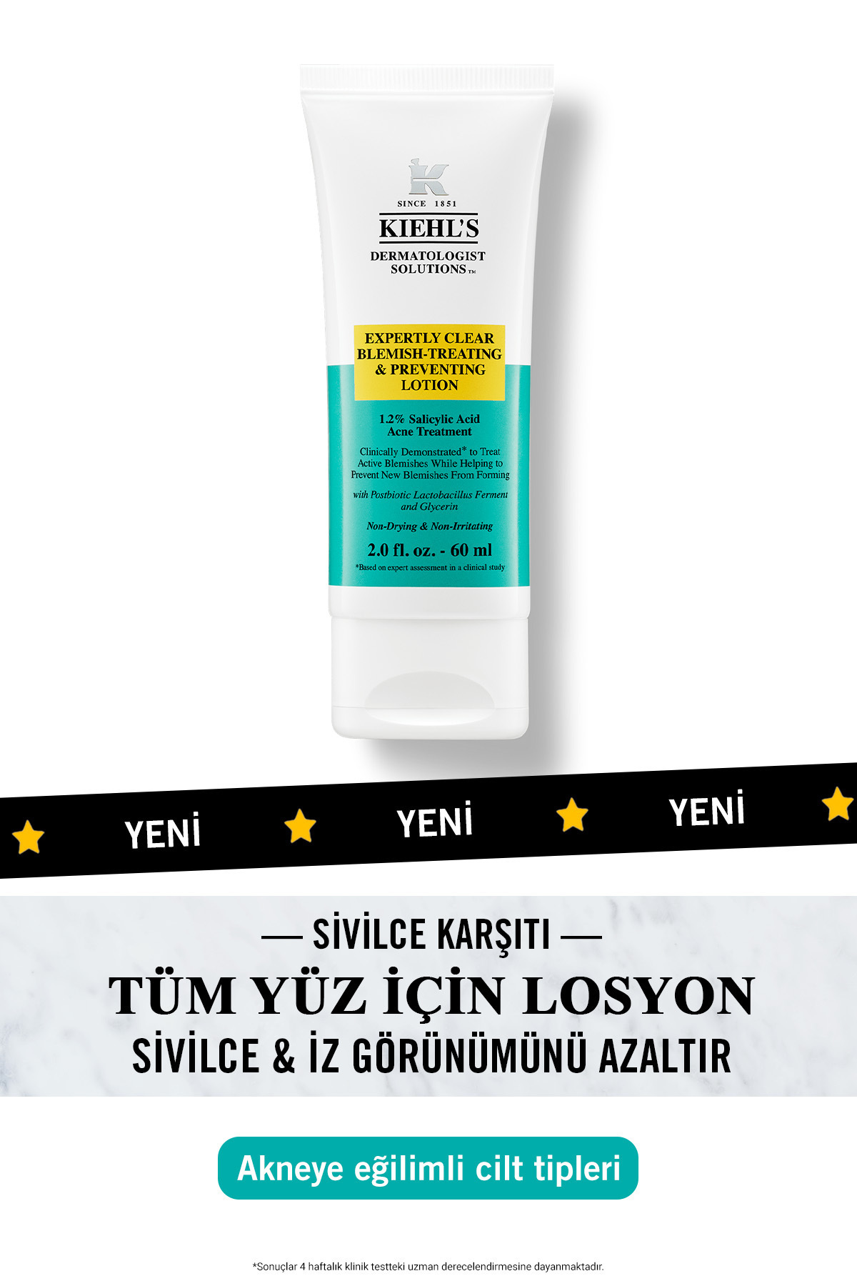 Kiehl's Sivilce Görünümünü Azaltan ve Önleyen, %1,2 Salisilik Asit ve %2 Niasinamid İçeren Bakım Kremi.60ml
