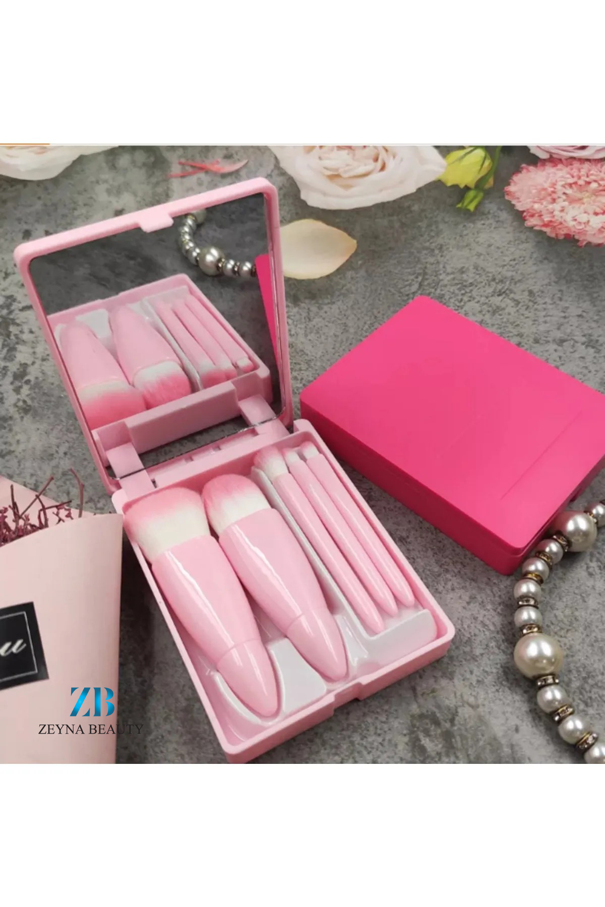 ZEYNABEAUTY Profesyonel 5'li Makyaj Fırça Seti Aynalı Pembe
