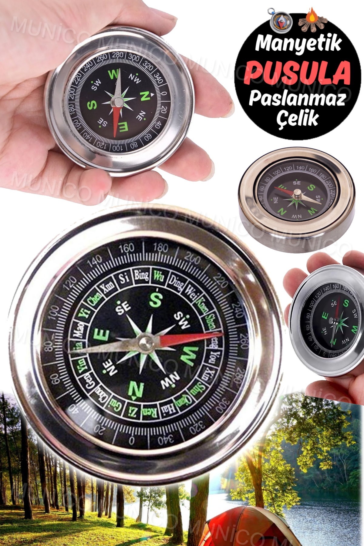 Munico Su Geçirmez Bozulmaz Paslanmaz Çelik İzci Pusulası Büyük Boy Paslanmaz Çelik Yönlü Manyetik Pusula