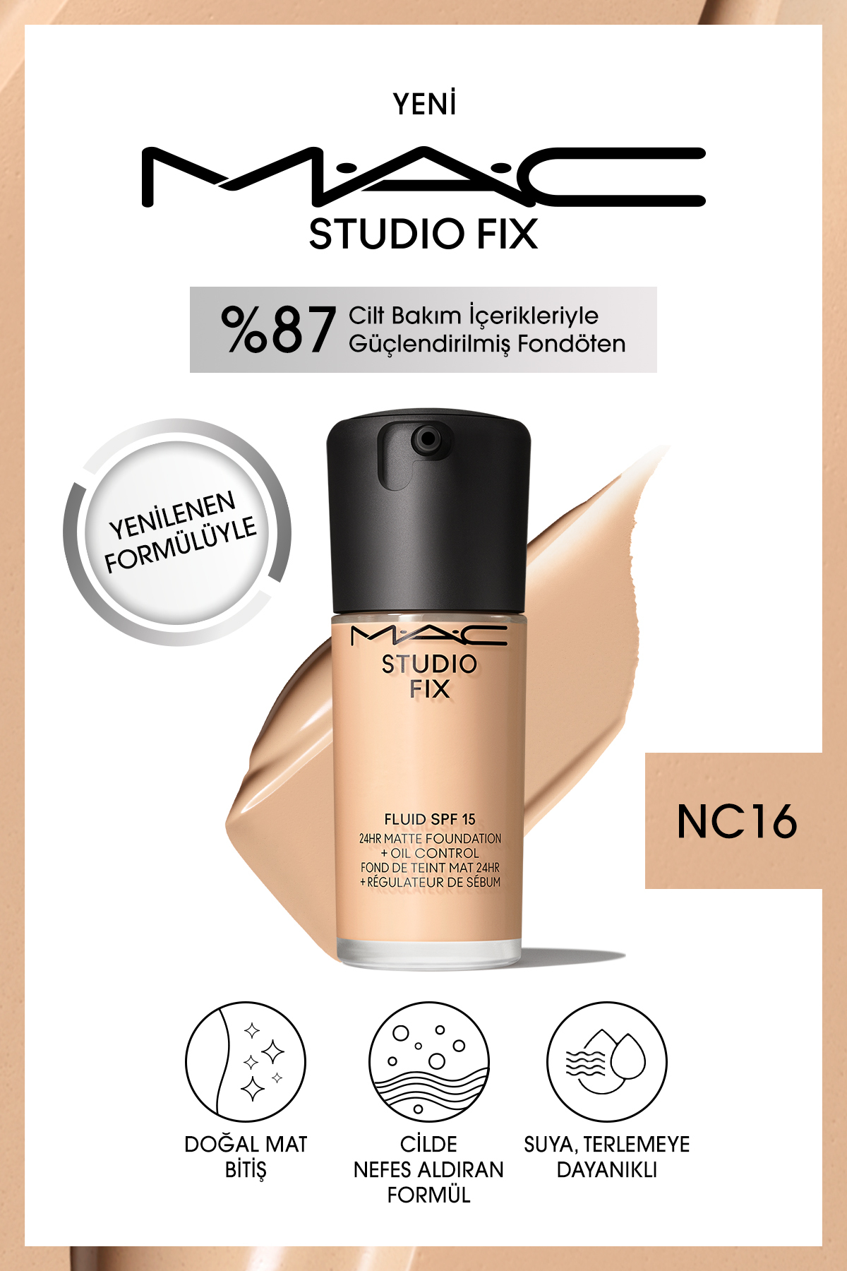 M.A.C 24 Saate Kadar Kalıcı Mat Fondöten - Studio Fix Fluid Spf15 - Renk: Nc16 - 30ml