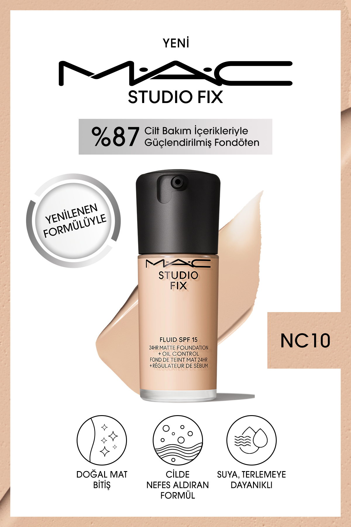 M.A.C 24 Saate Kadar Kalıcı Mat Fondöten - Studio Fix Fluid Spf15 - Renk: Nc10 - 30ml