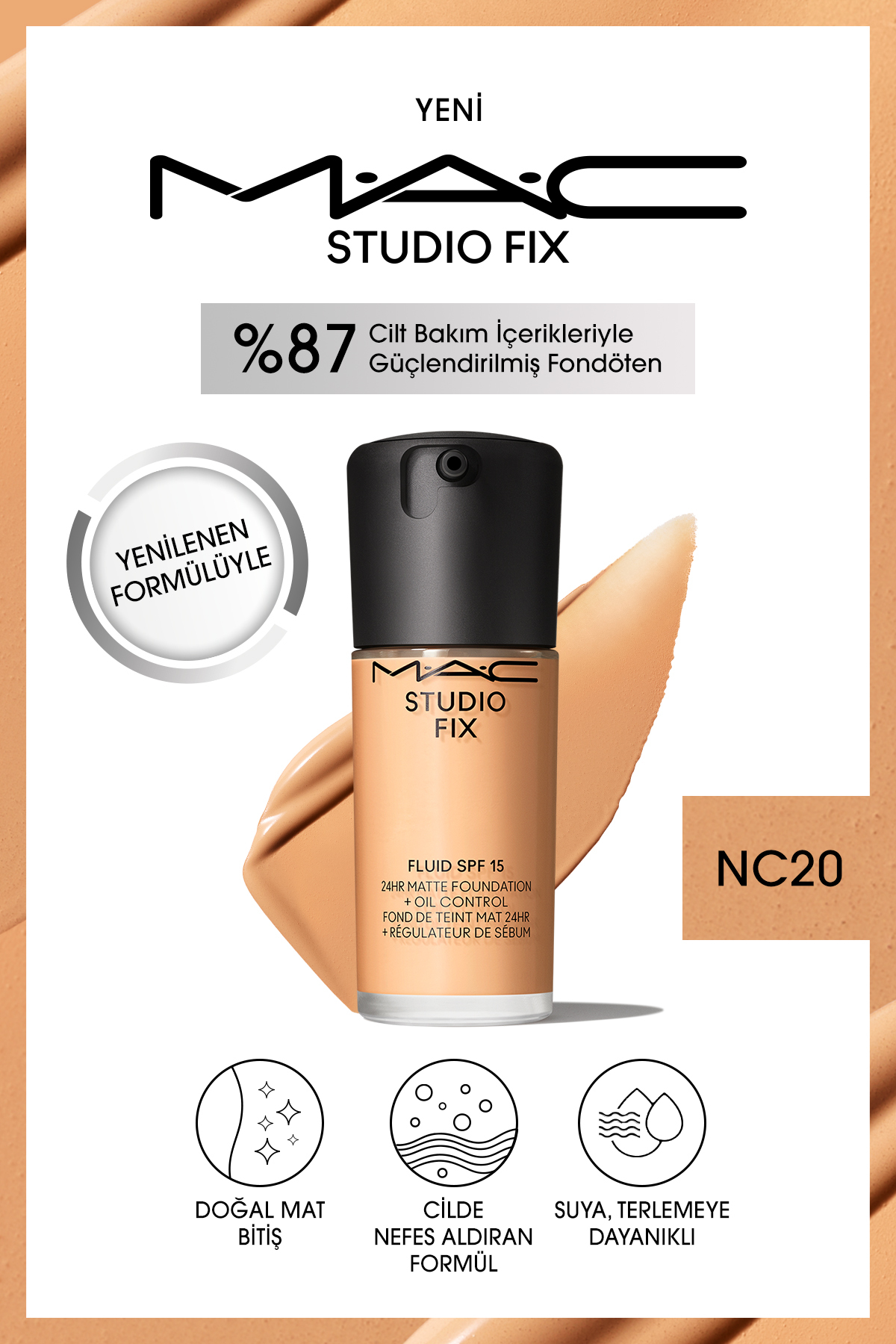 M.A.C 24 Saate Kadar Kalıcı Mat Fondöten - Studio Fix Fluid Spf15 - Renk: Nc20 - 30ml