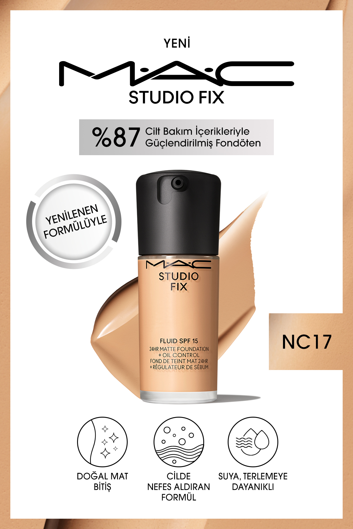 M.A.C 24 Saate Kadar Kalıcı Mat Fondöten - Studio Fix Fluid Spf15 - Renk: Nc17 - 30ml
