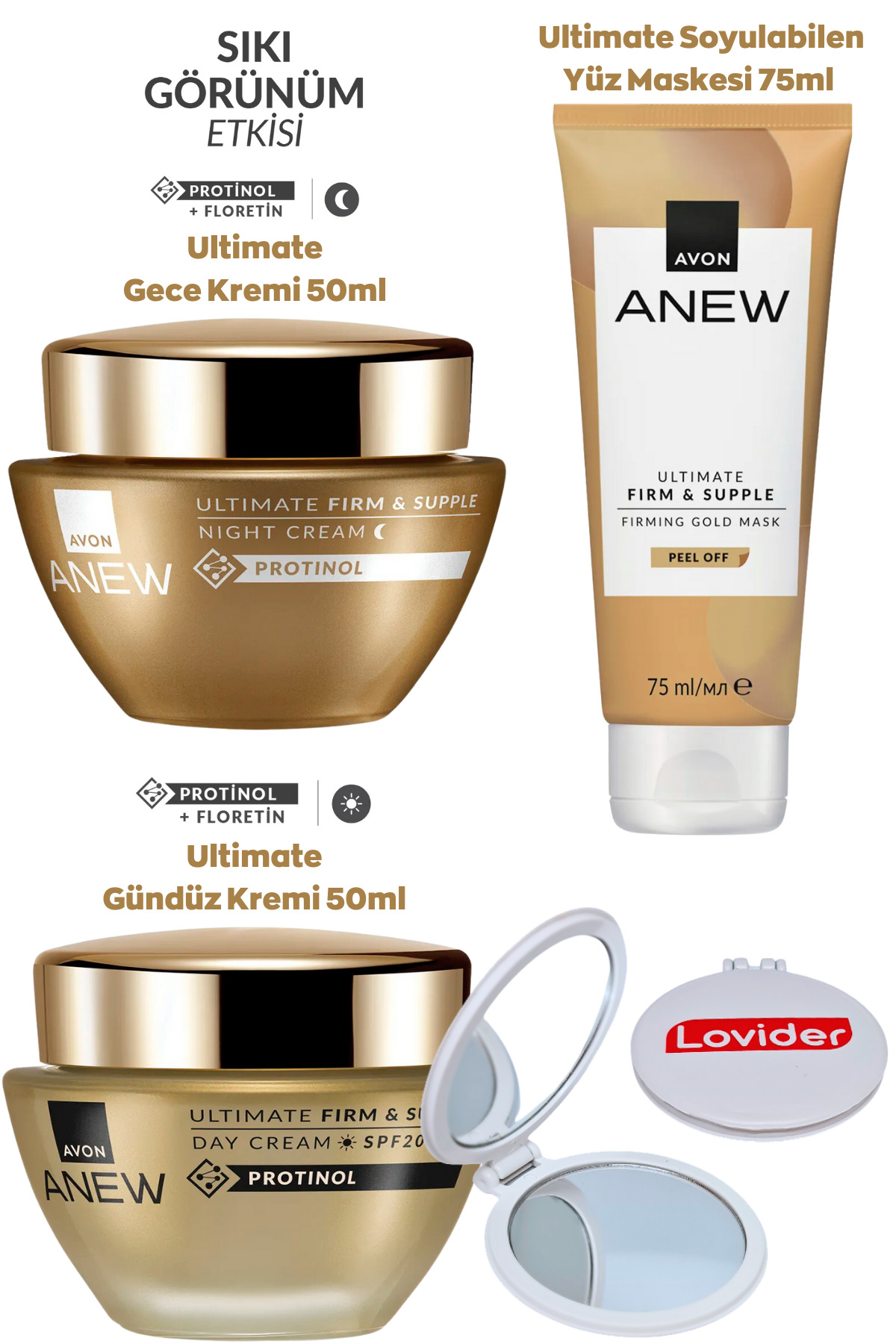 AVON Anew Ultimate 40-55 Yaş Set; Gündüz + Gece Kremi + Soyulabilen Yüz Maskesi + Lovider Cep Aynası