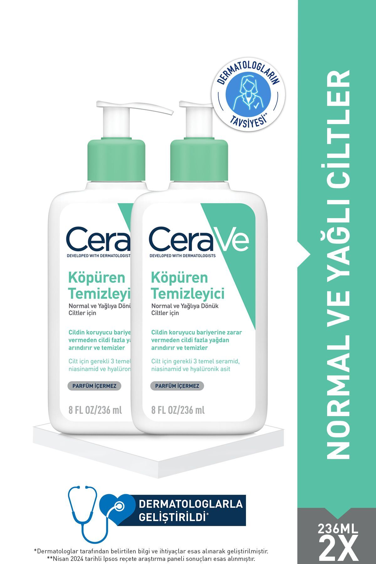 CeraVe NORMAL VE KARMA CİLTLER İÇİN NİASİNAMİD İÇERİKLİ KÖPÜREN TEMİZLEYİCİ 236 ML X2 ADET