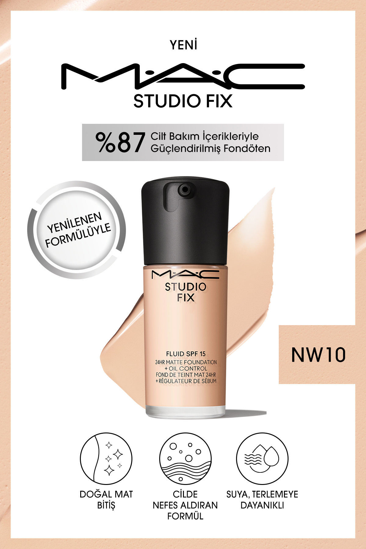 M.A.C 24 Saate Kadar Kalıcı Mat Fondöten - Studio Fix Fluid Spf15 - Renk: Nw10 - 30ml