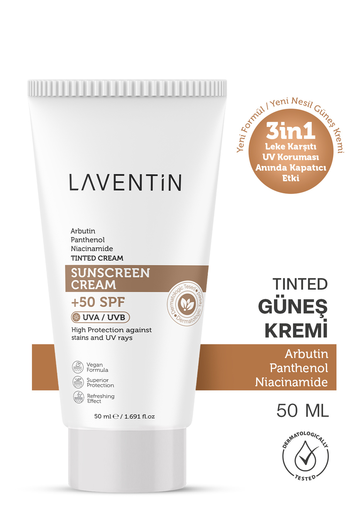 Laventin Leke Karşıtı - Cilt Tonu Eşitleyici Renkli Kapatıcı Etkili Yüksek Koruyucu Spf+50 Güneş Kremi 50 Ml