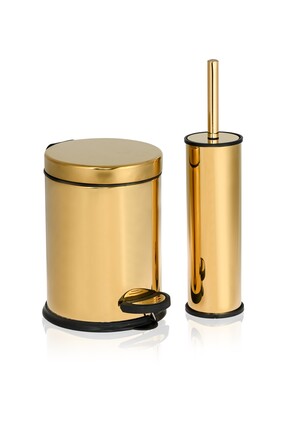 GörSeçElit 3 Litre Gold Banyo Seti Paslanmaz Pedallı Çöp Kovası ve Klozet Fırçası Altın Lüks Banyo Takımı