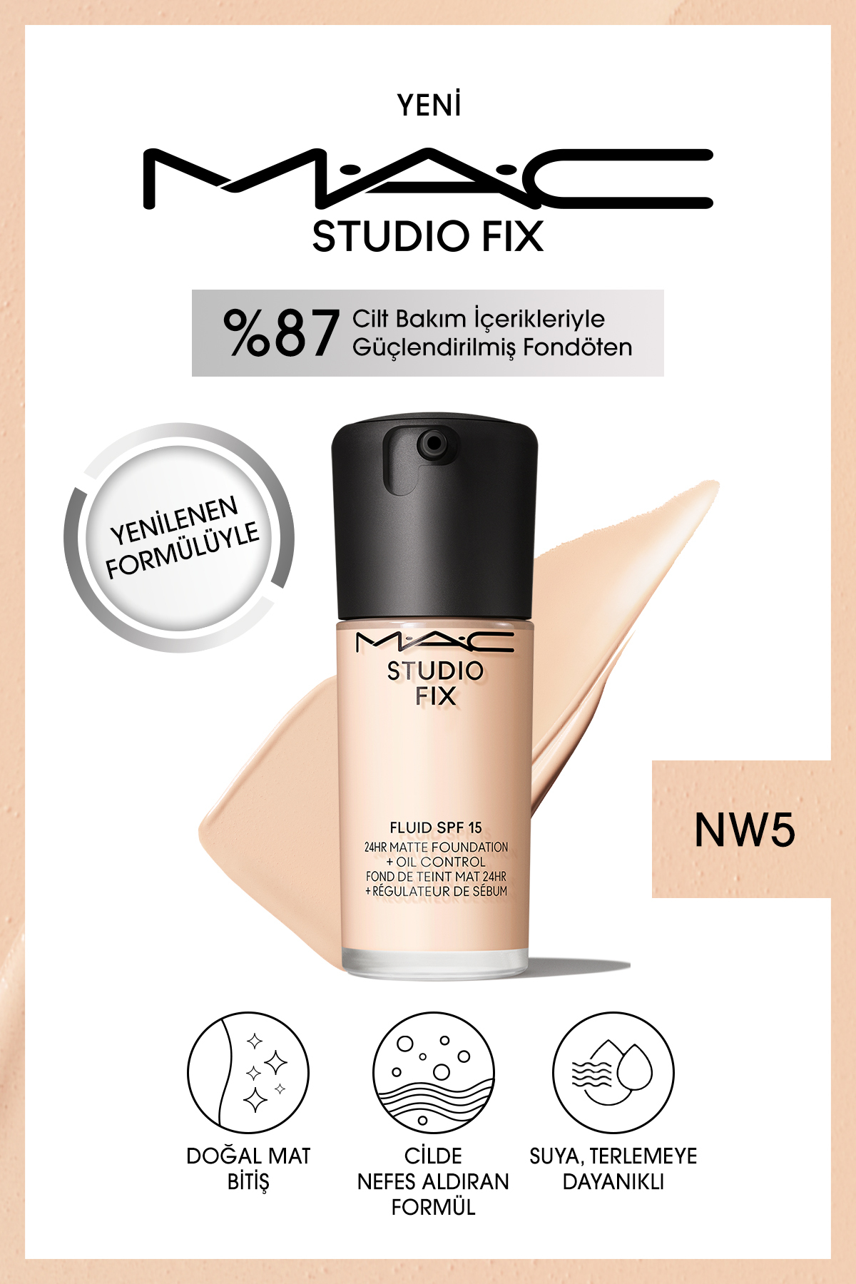 M.A.C 24 Saate Kadar Kalıcı Mat Fondöten - Studio Fix Fluid Spf15 - Renk: Nw5 - 30ml
