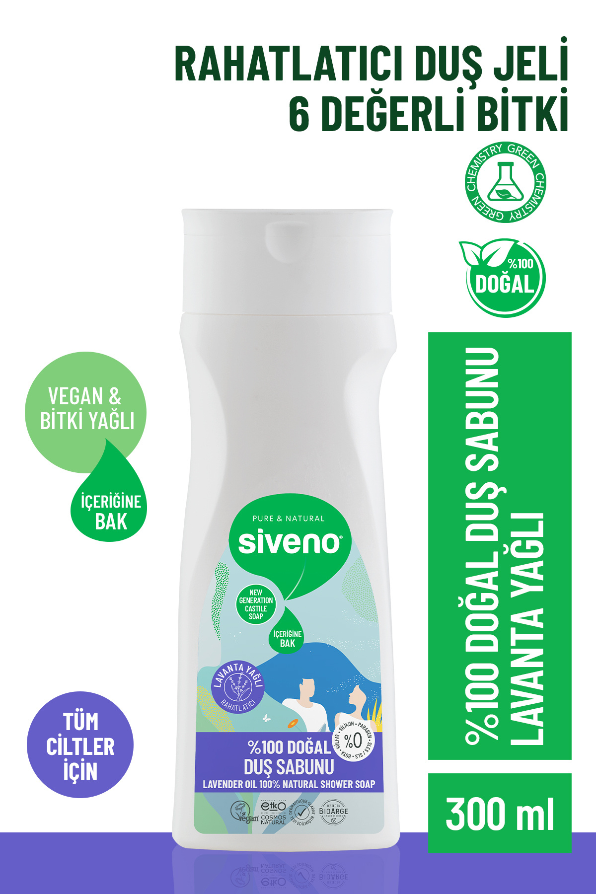 Siveno %100 Doğal Duş Sabunu Lavanta Kokulu Rahatlatıcı Duş Jeli 6 Değerli Bitki Vegan 300 ml