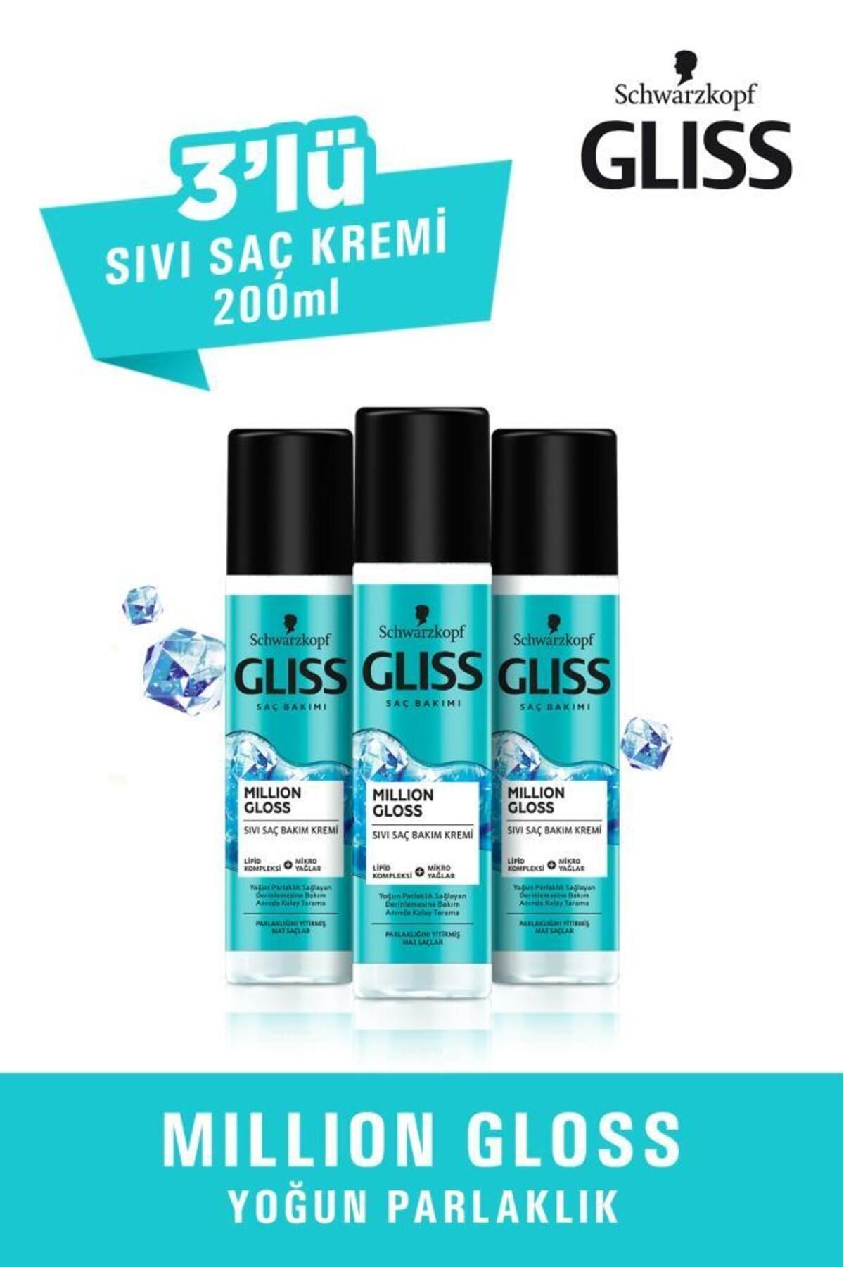 Gliss Million Gloss Yoğun Parlaklık Veren Durulanmayan Sıvı Saç Kremi 200 ml X 3 Adet
