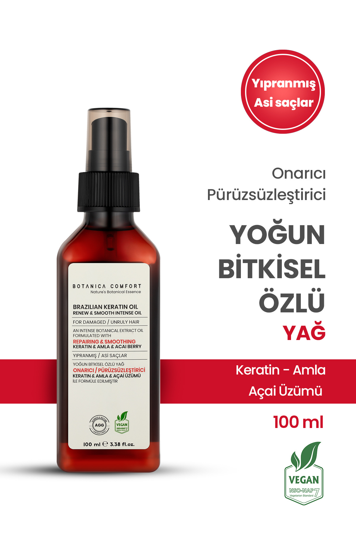 BOTANICA COMFORT İşlem Görmüş ve Yıpranmış Saçlar için Onarıcı Keratin ve Amla Yağı Özlü Saç Bakım Yağı 100 ML