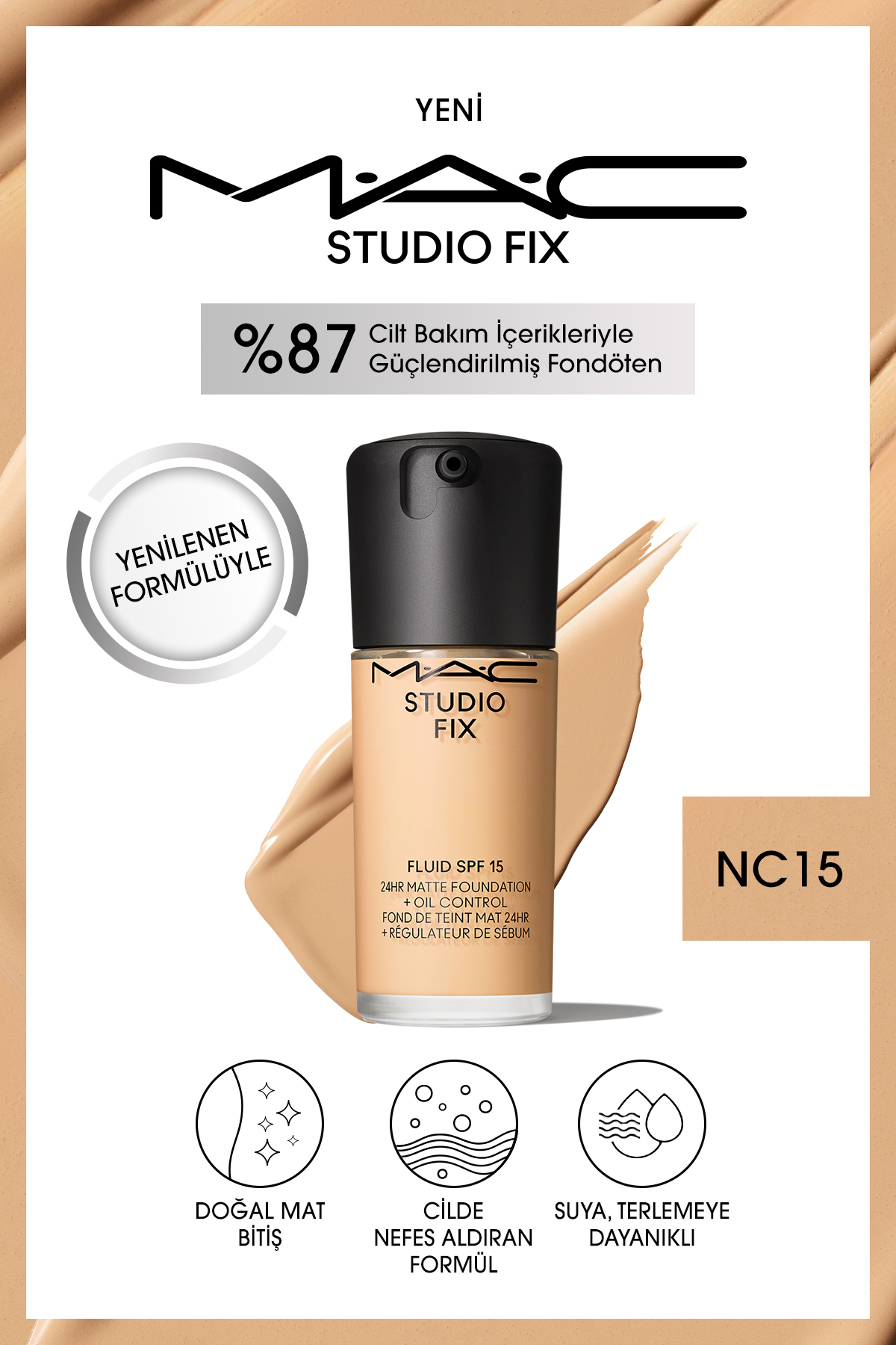 M.A.C 24 Saate Kadar Kalıcı Mat Fondöten - Studio Fix Fluid Spf15 - Renk: Nc15 - 30ml