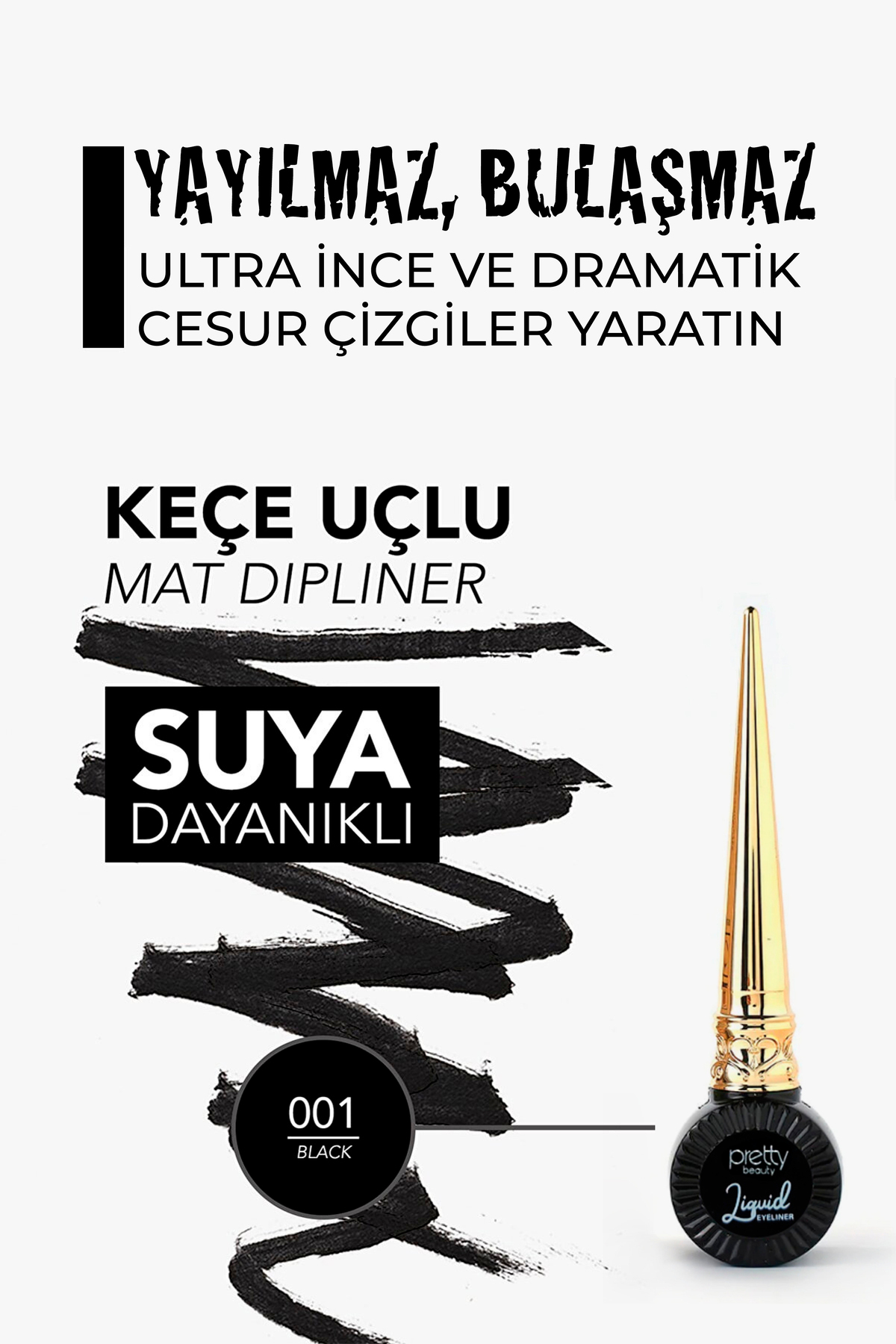 Pretty Beauty Liquid Eyeliner, Black Eyeliner (MAT SİYAH), Suya Dayanıklı Siyah Eyeliner