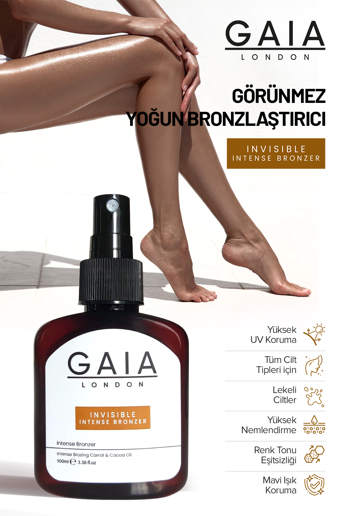 Gaia London İnvisible Intense Bronzer Ton Eşitleyici Yüksek Koruma Güneş Yağı 100 ml