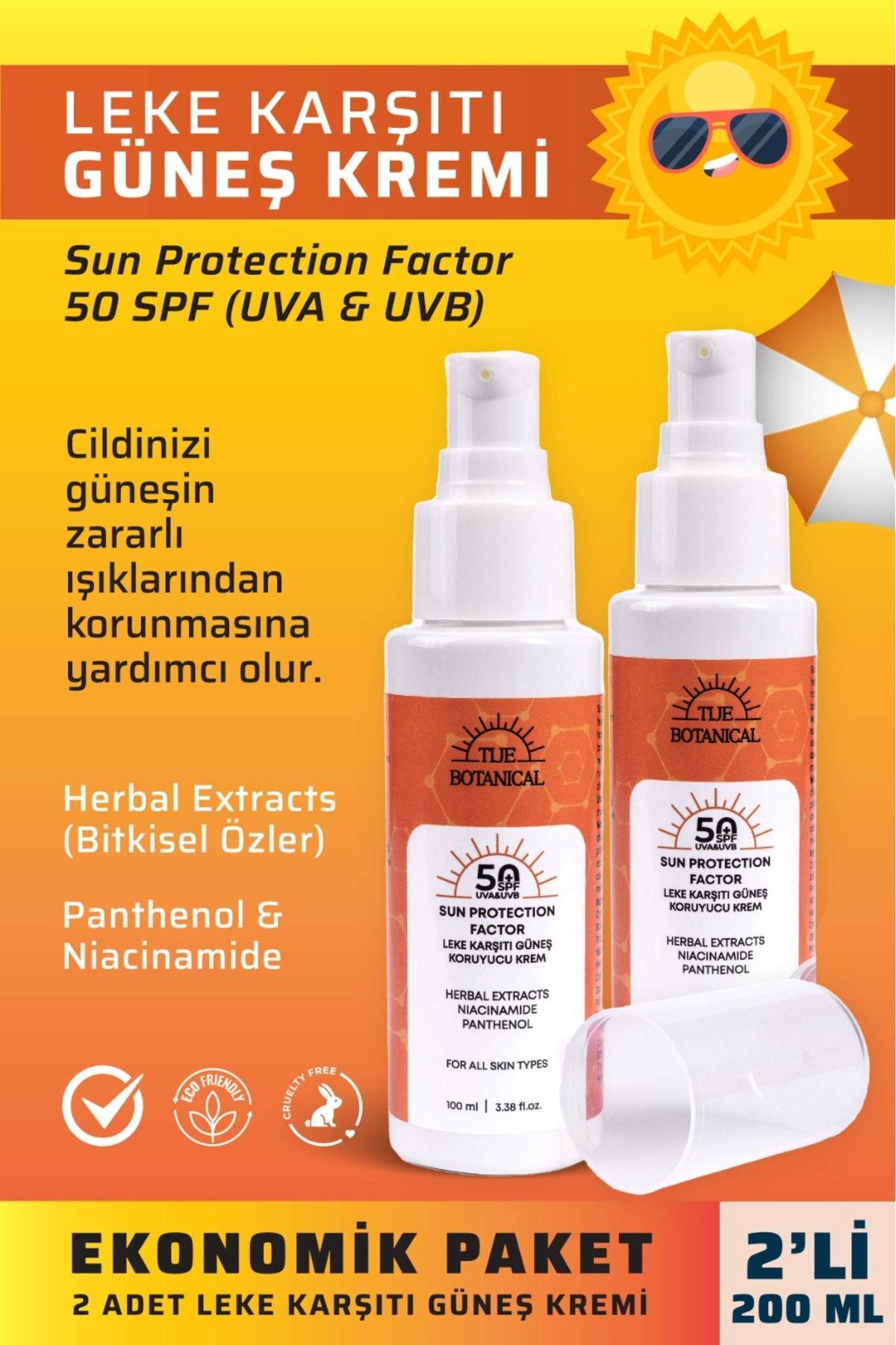 TİJE BOTANİCAL İkili Ekonomik Güneş Kremi- 100 ml - Sun Protection Factor 50 Spf (UVA & UVB)
