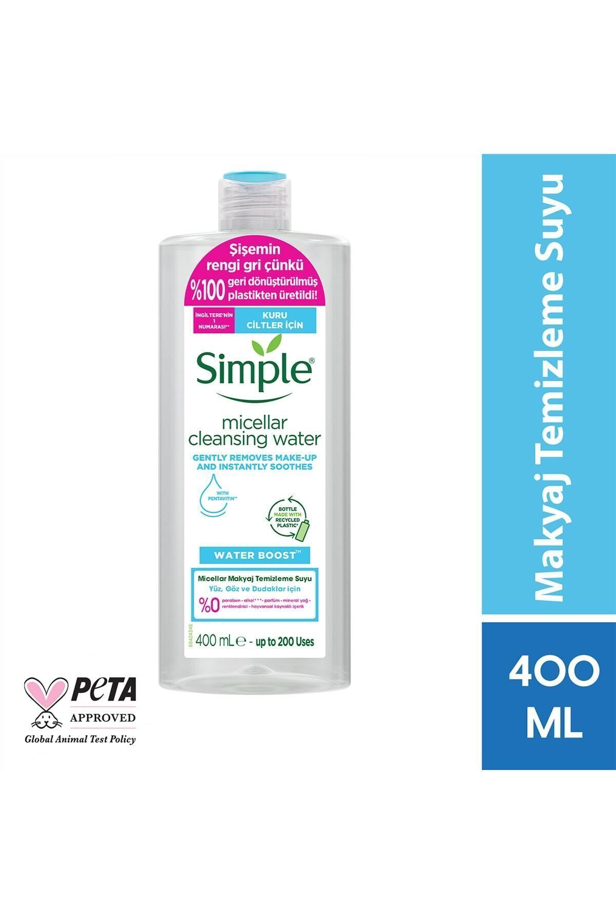 Simple Water Boost Micellar Makyaj Temizleme Suyu Kuru Ciltler Yüz Göz Ve Dudaklar Için 400 Ml