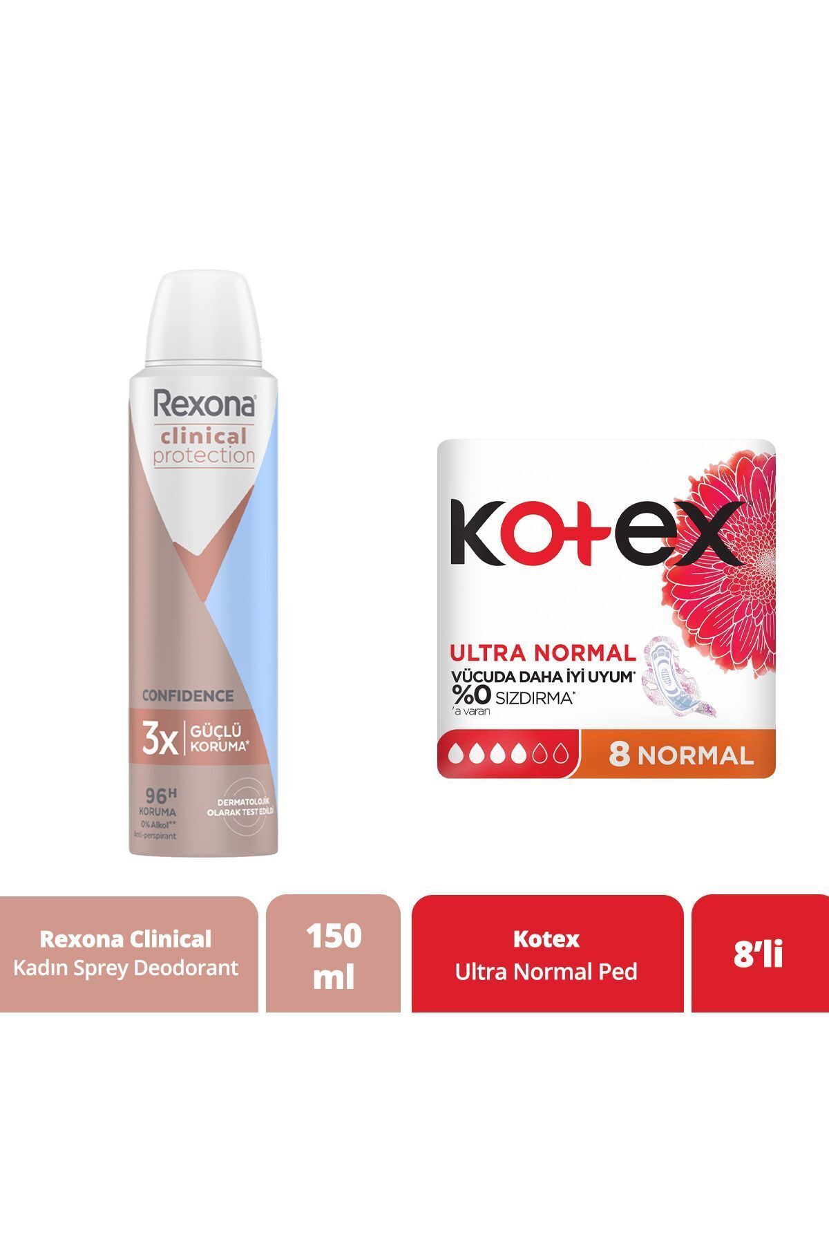 Rexona Clinical Protection Kadın Sprey Deodorant Confidence 150 ml Kotex Ped Ultra Normal 8'li