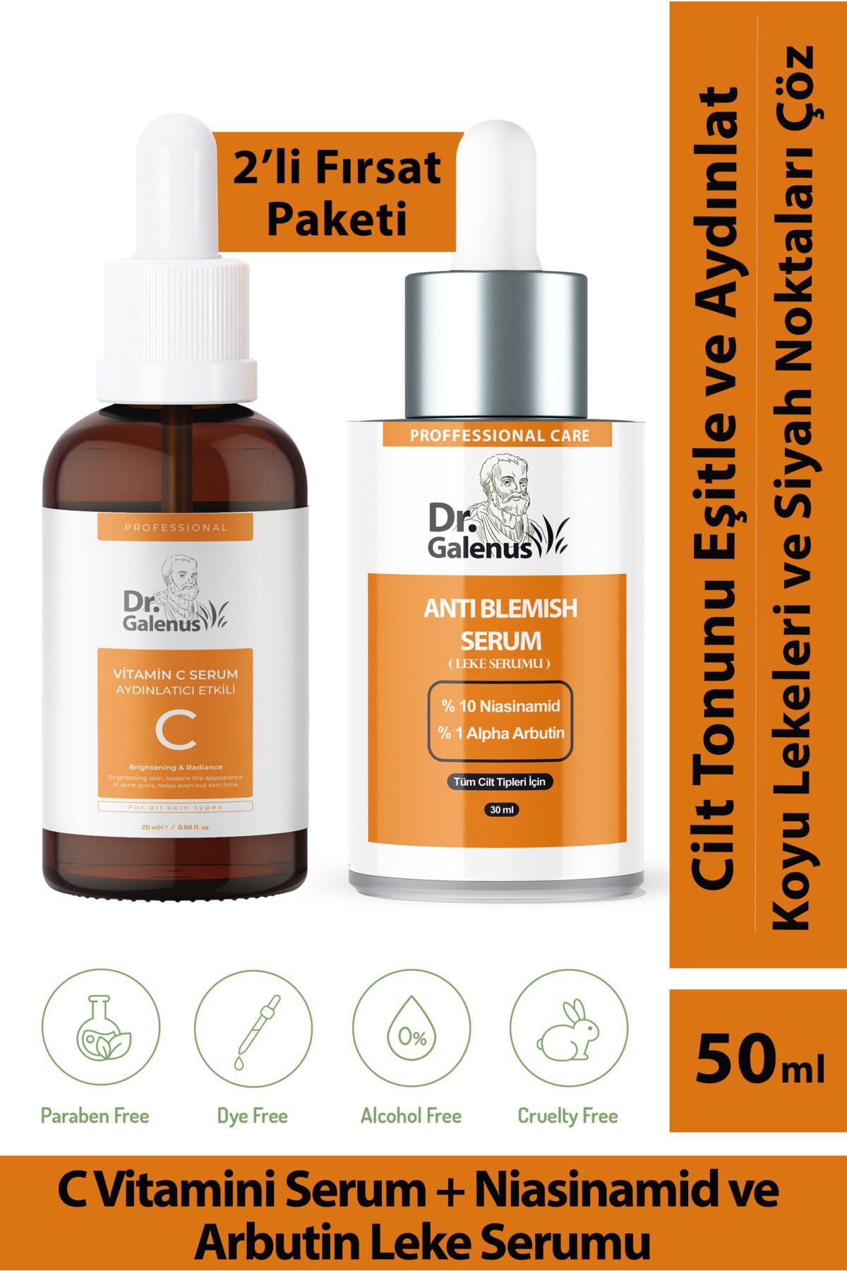 Dr. Galenus Aydınlatıcı Vitamin C Ve Koyu Leke Karşıtı Niacinamide & Arbutin Ikili Bakım Serum Seti (50 ML)