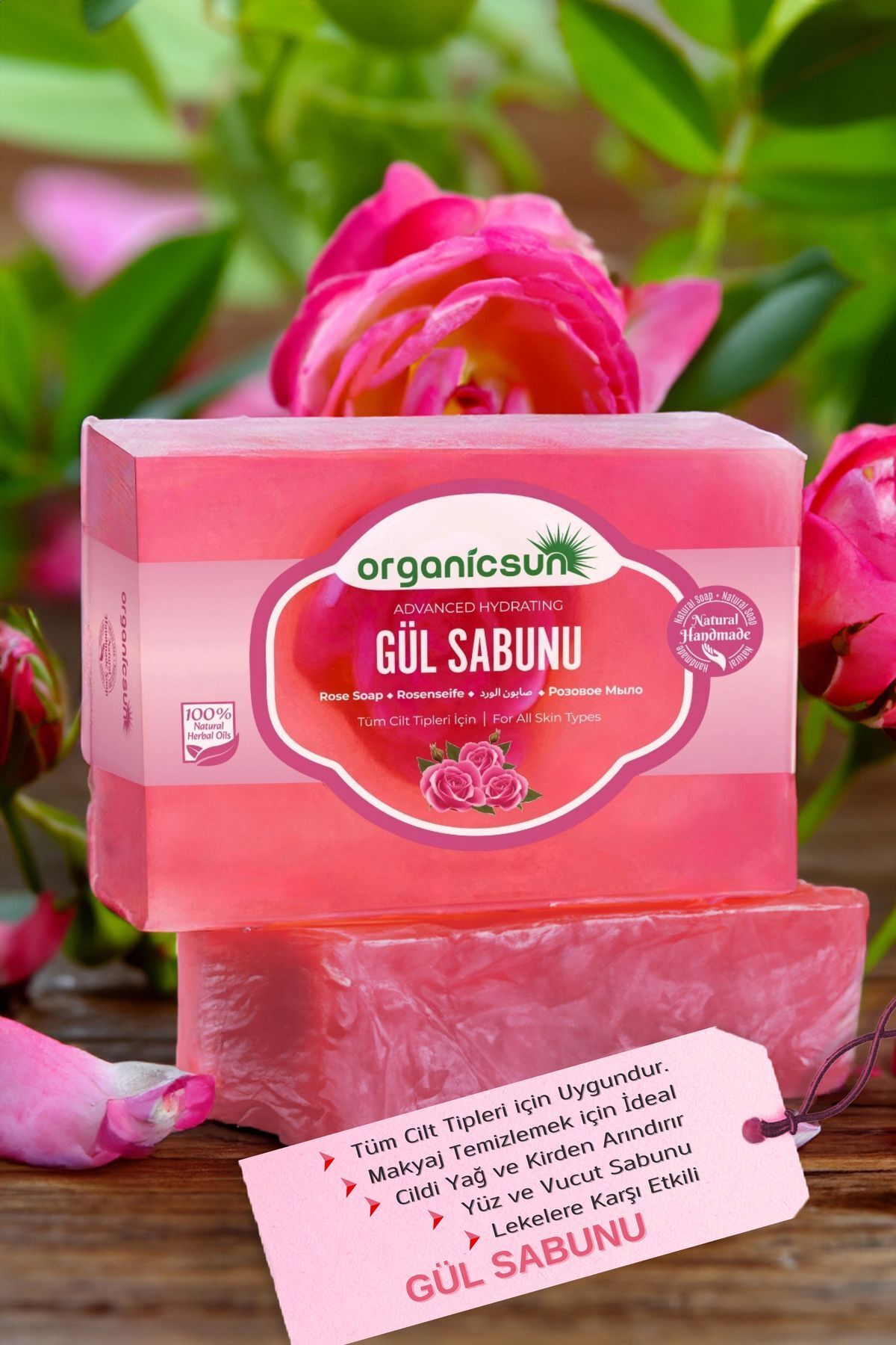 Organicsun Doğal Gül Sabunu 140 Gr Tüm Cilt Tipleri İçin Onarıcı Besleyici Natural