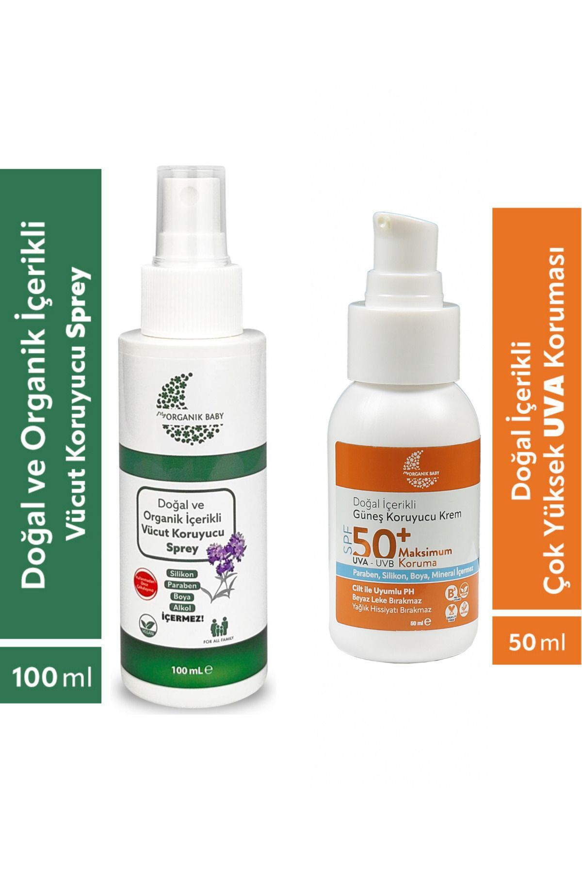 Organik Baby Organik Ve Doğal İçerikli Vücut Koruyucu Bebek Çocuk Ve Yetişkin Sprey 100 ml ve Güneş Kremi 50 ml