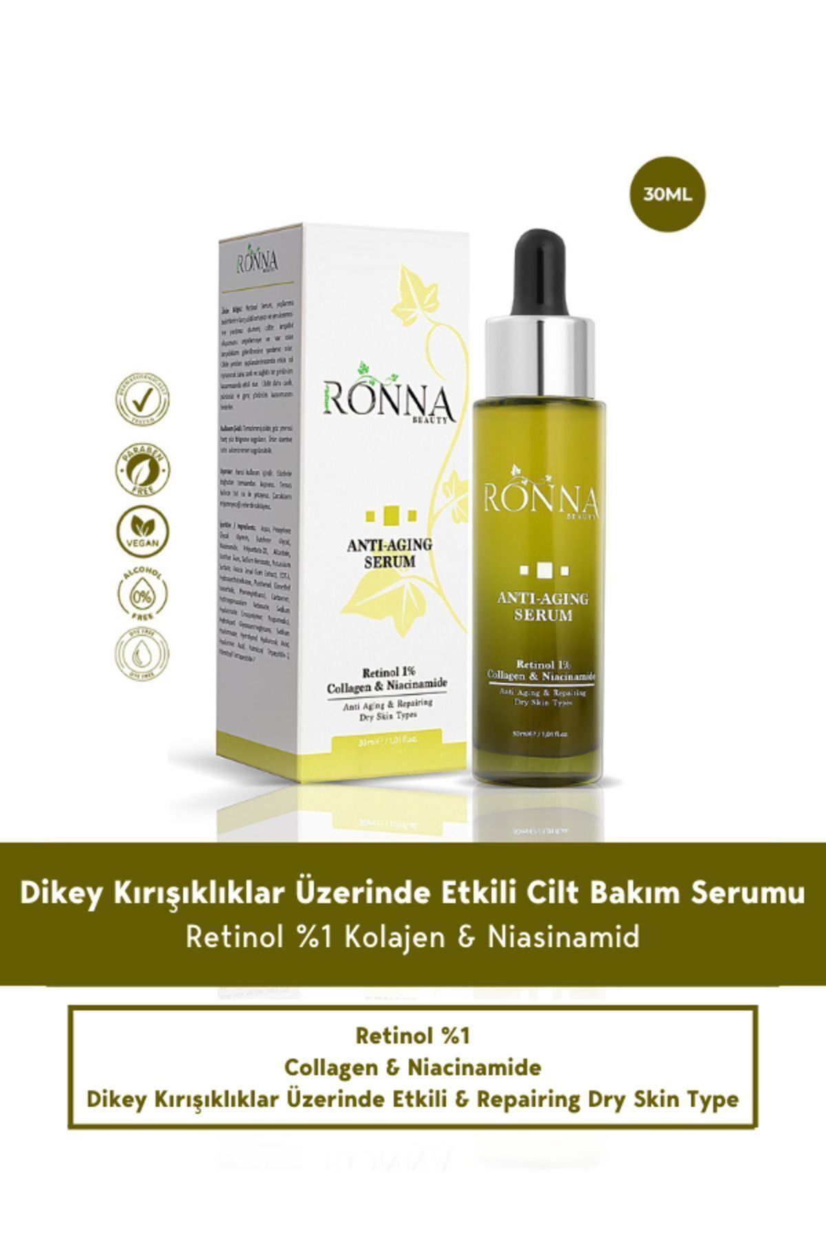 Ronna Beauty Yaşlanma Karşıtı Ve Aydınlatıcı Anti-Aging Serum 30 ml Retinol 1% Collagen Niacinamide