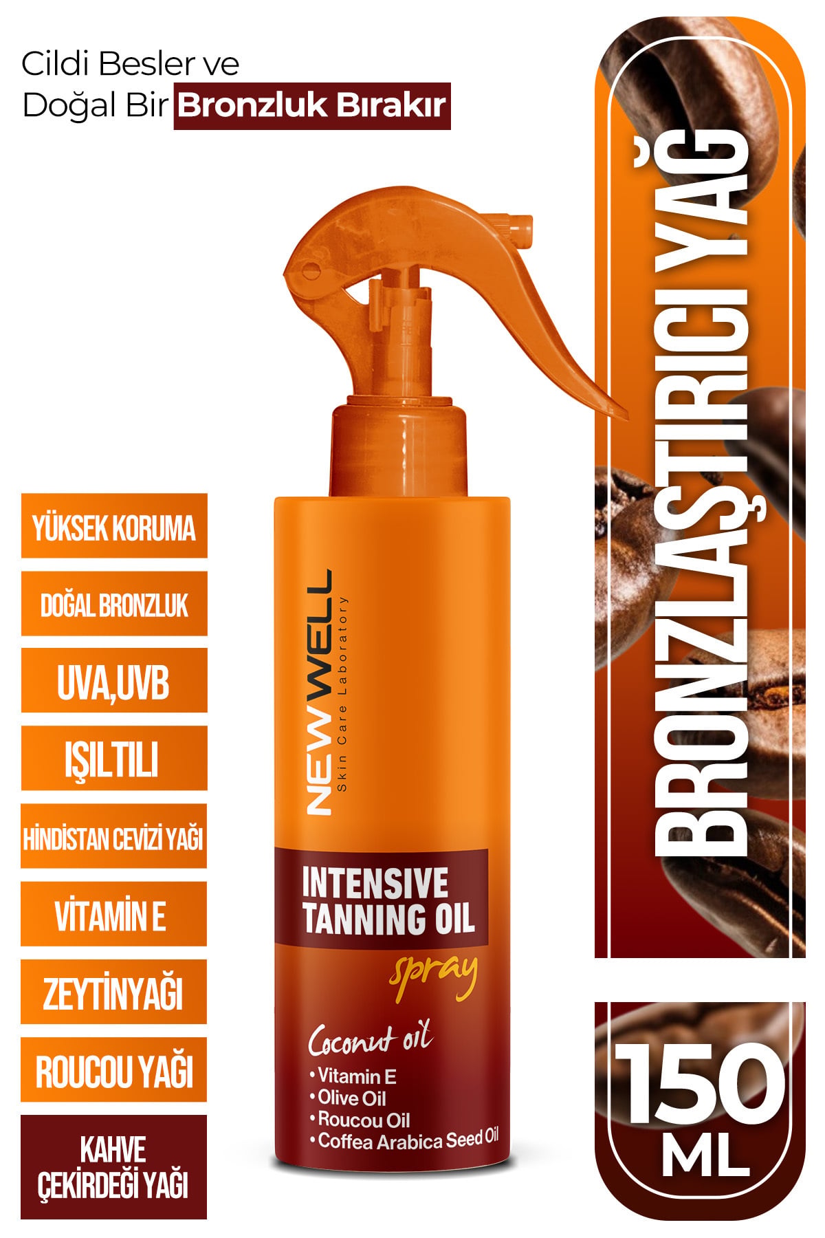 New Well Yoğun Bronzlaştırma Spreyi Kahve Çekirdeği Yağı 150 ML