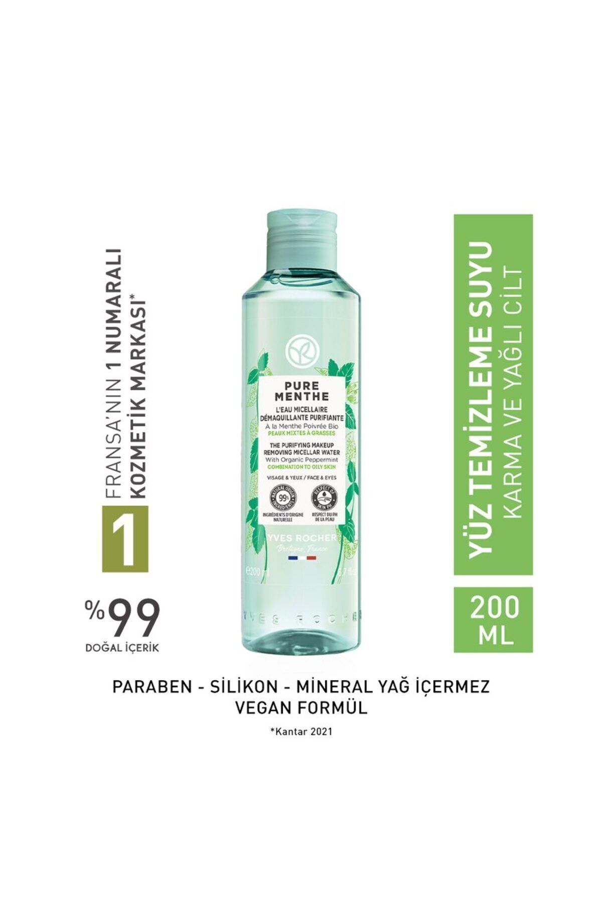 Yves Rocher Pure Menthe Karma ve Yağlı Cilt İçin Tonik Etkili ve Arındırıcı - Prebiyotikli Misel Su 200ml