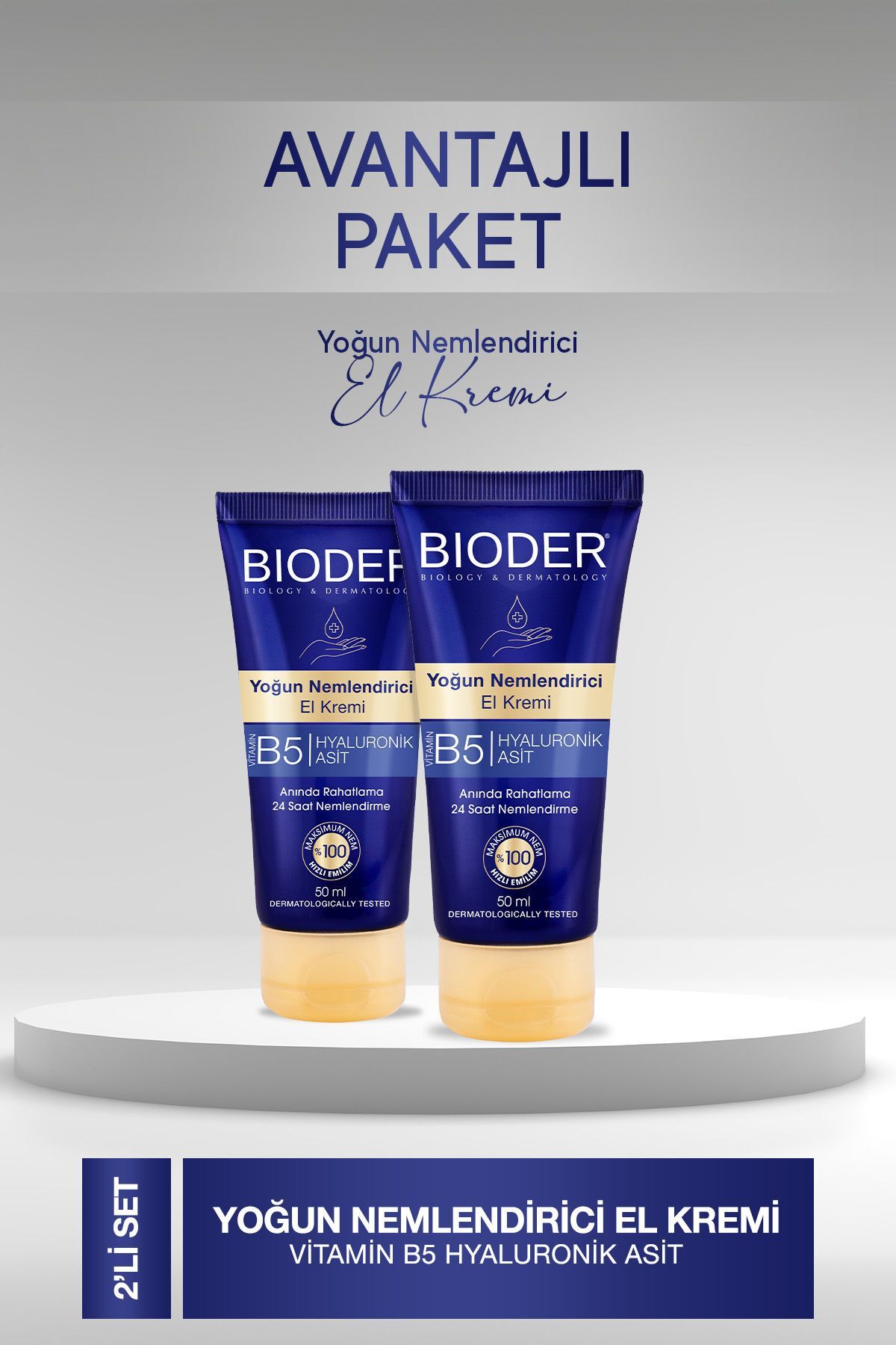 Bioder Yoğun Nemlendirici El Kremi 50 Ml - Vitamin B5 Hyalüronik Asit 24 Saat Etki Alkolsüz 2 li